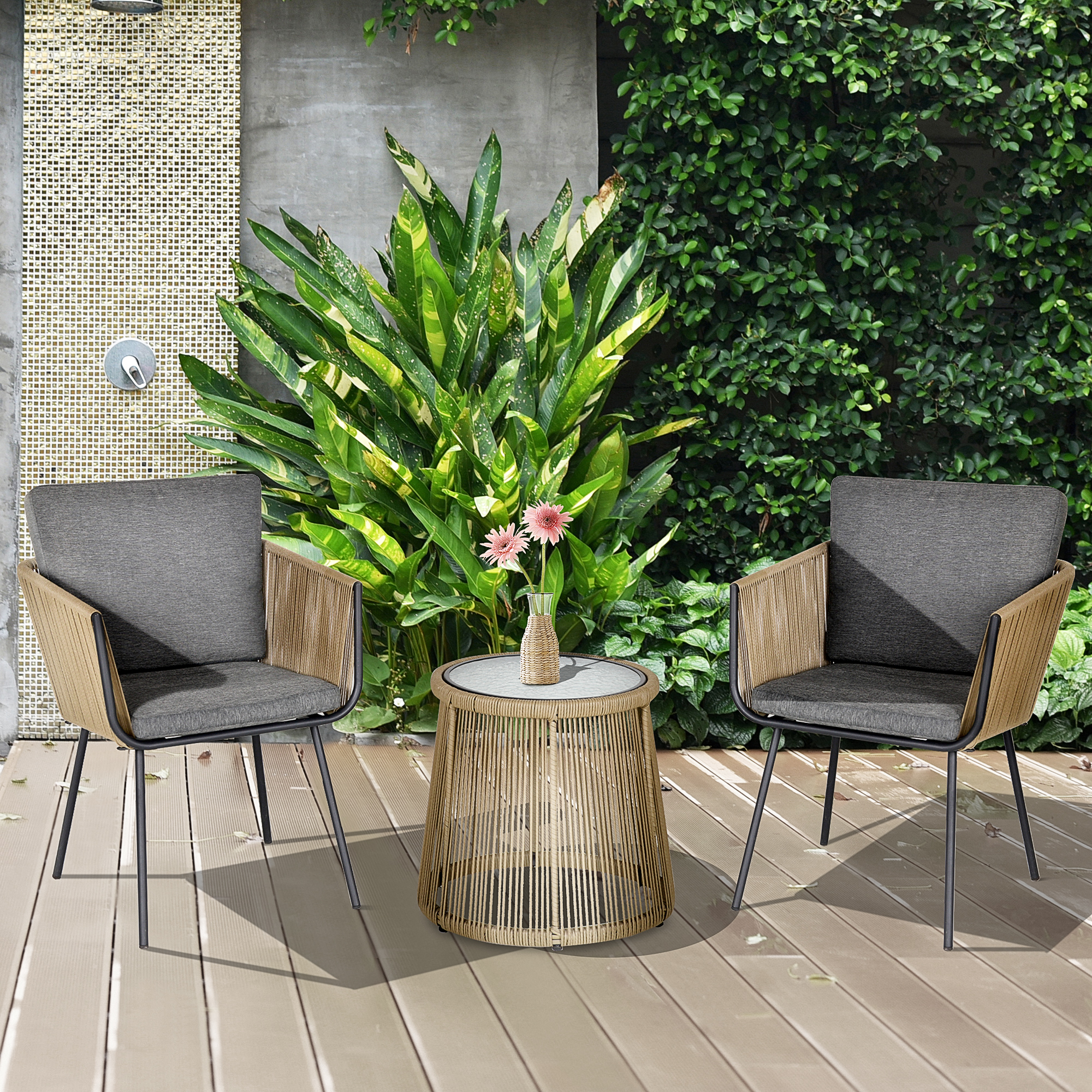 Outsunny Wicker Rattan 3 PCS Bistro Set Webbed Patio Furniture Conversation Chairs Coffee Table Metal Legs Garden Backyard Deck Aosom Canada