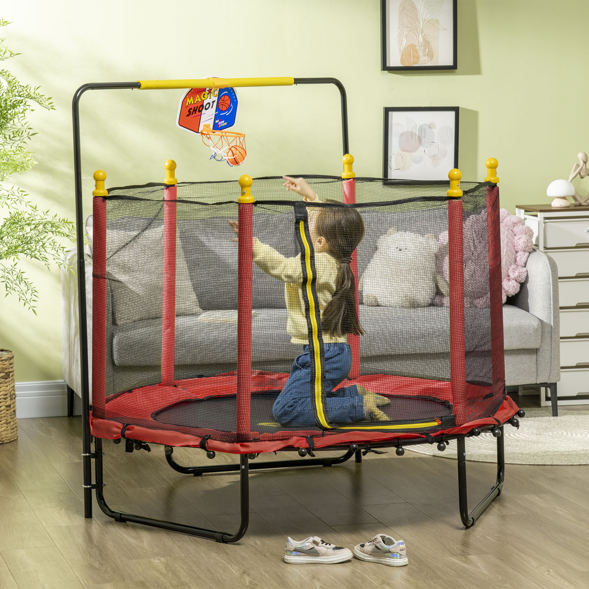 Qaba Kids Indoor Trampoline Combo with Safety Net Enclosure, Basketball Hoop, and Horizontal Bar, Red | Aosom.com 0