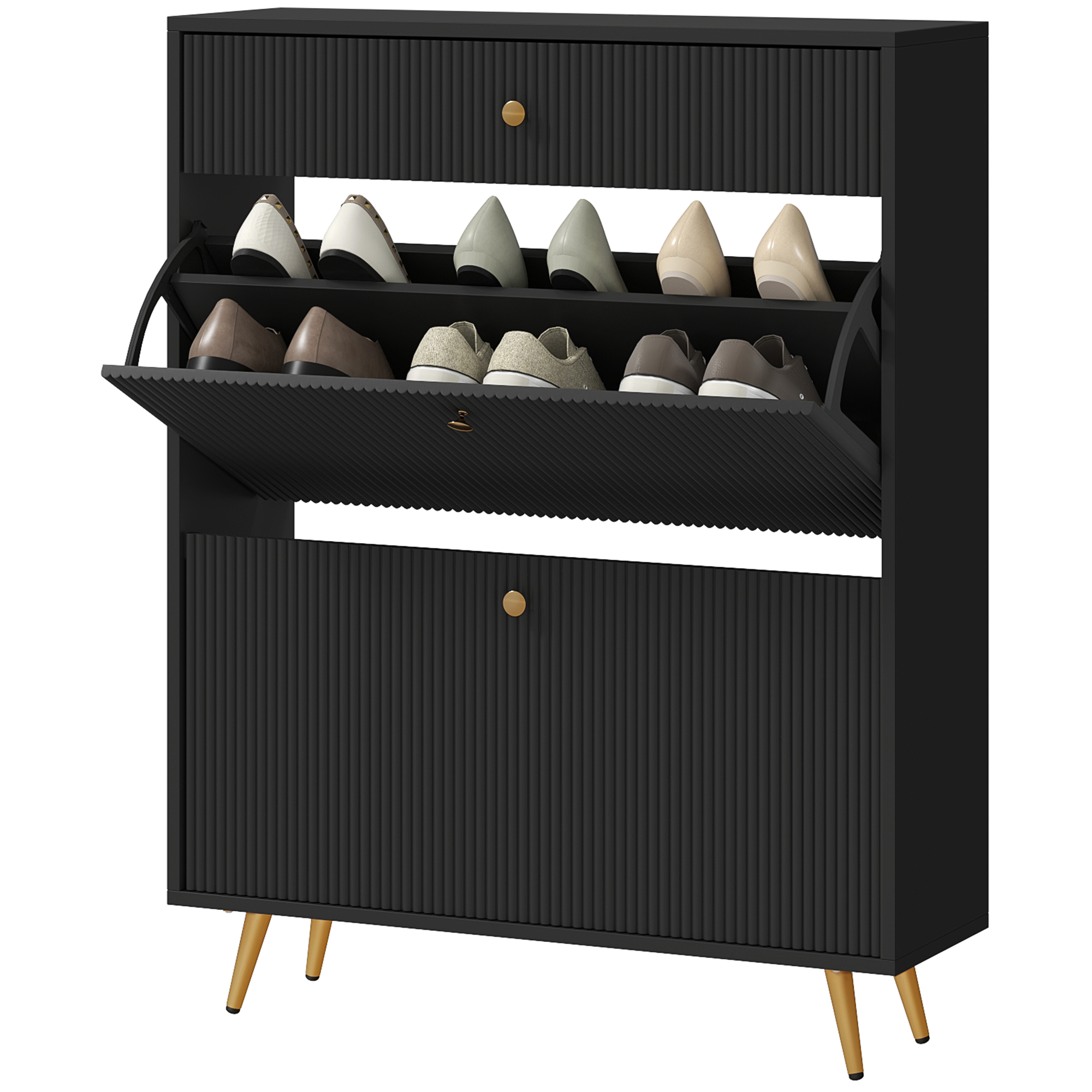 Narrow Footwear Organizer Organizer Unit with Wave-like Panels and Adjustable-Height Shelves for 12 Pairs of Shoes, Black 1