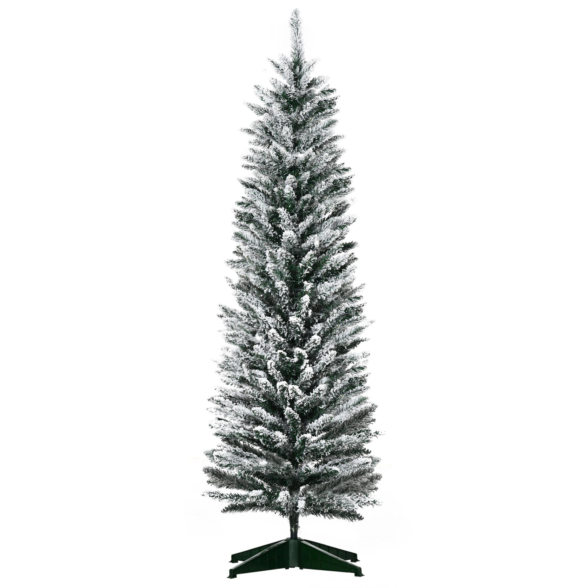 HOMCOM 5' Snow Flocked Artificial Pencil Christmas Tree, Slim Xmas Tree with Realistic Branches and Plastic Base Stand for Indoor Decoration, Green