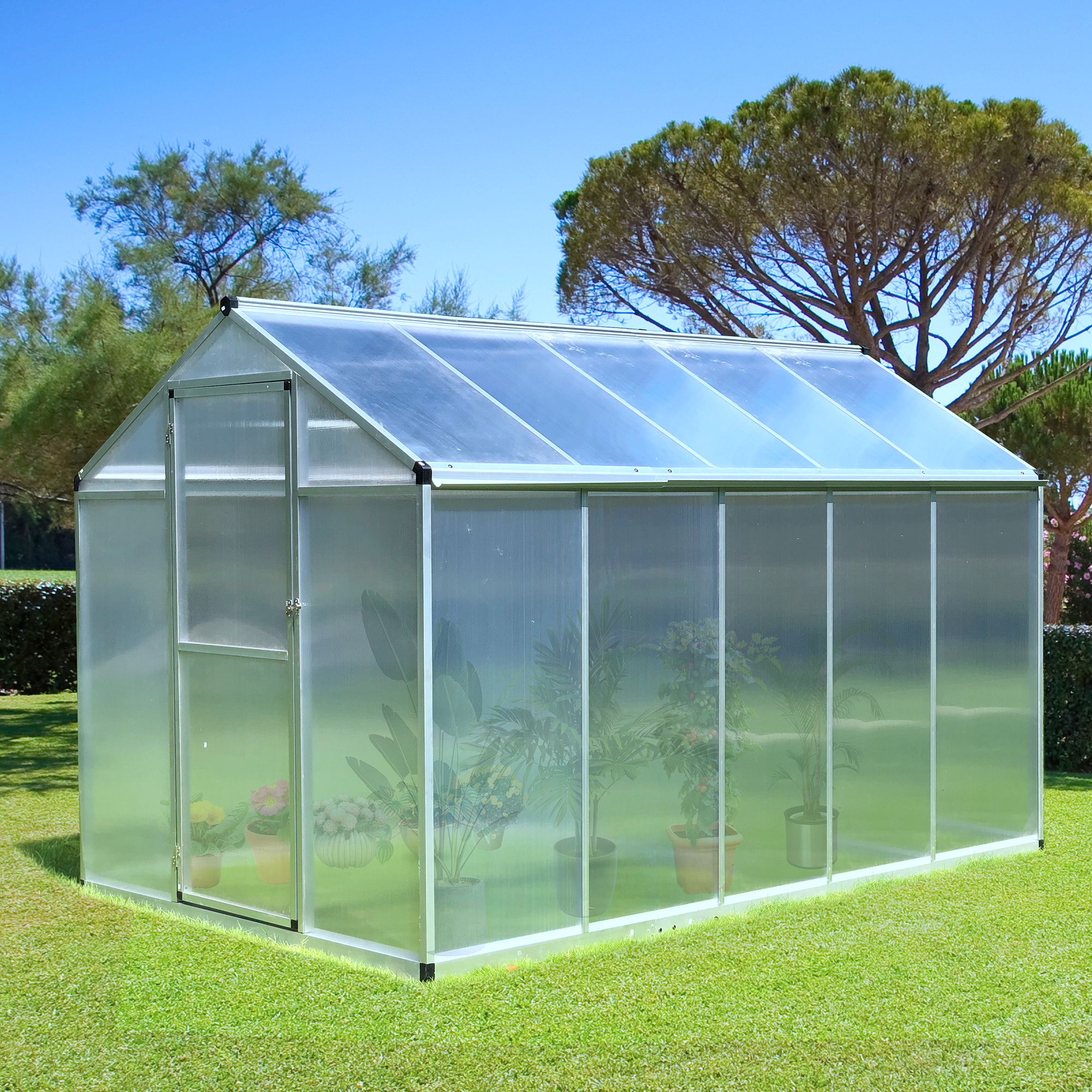 Outsunny 6' x 10' Polycarbonate Greenhouse w/ Aluminum Frame, Outdoor Walk-in Greenhouse Kit w/ Vent, Rain Gutters, Silver Aosom Canada