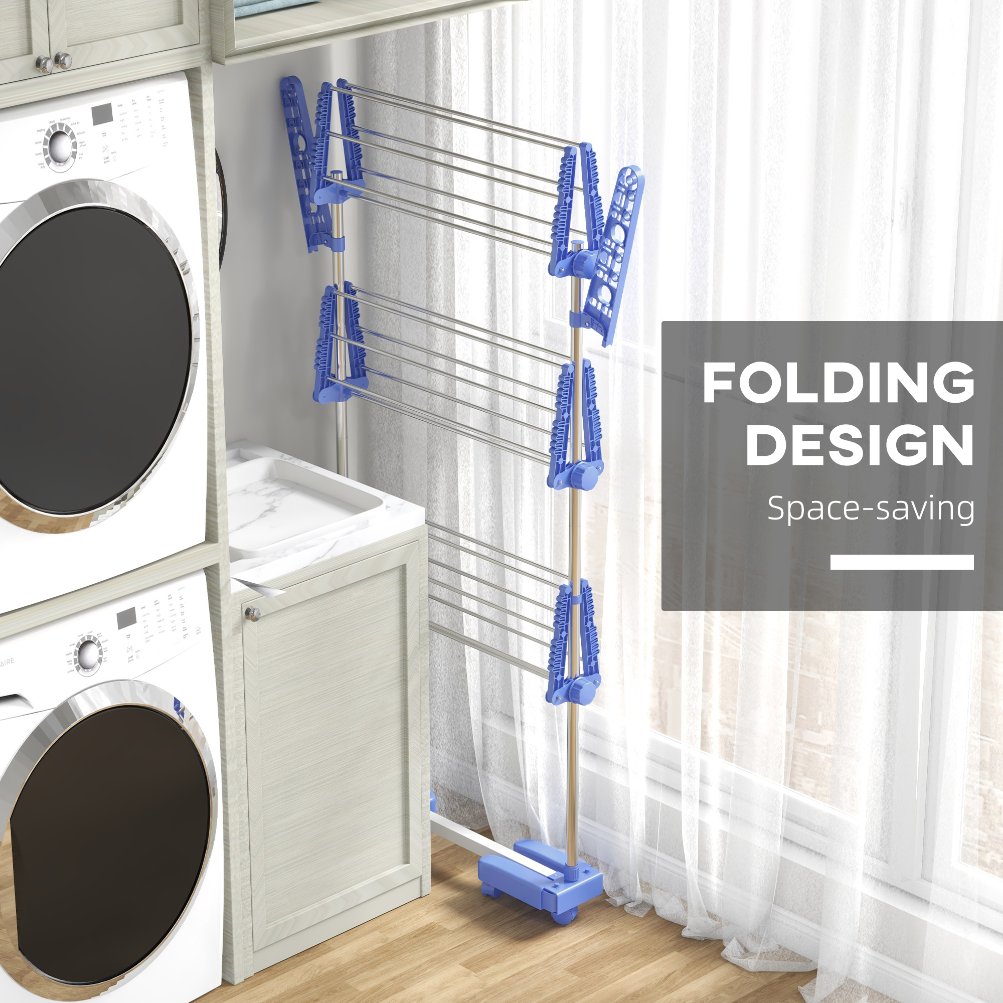 HOMCOM 3-Tier Clothes Drying Rack, Stainless Steel Laundry Rack with 2 ...