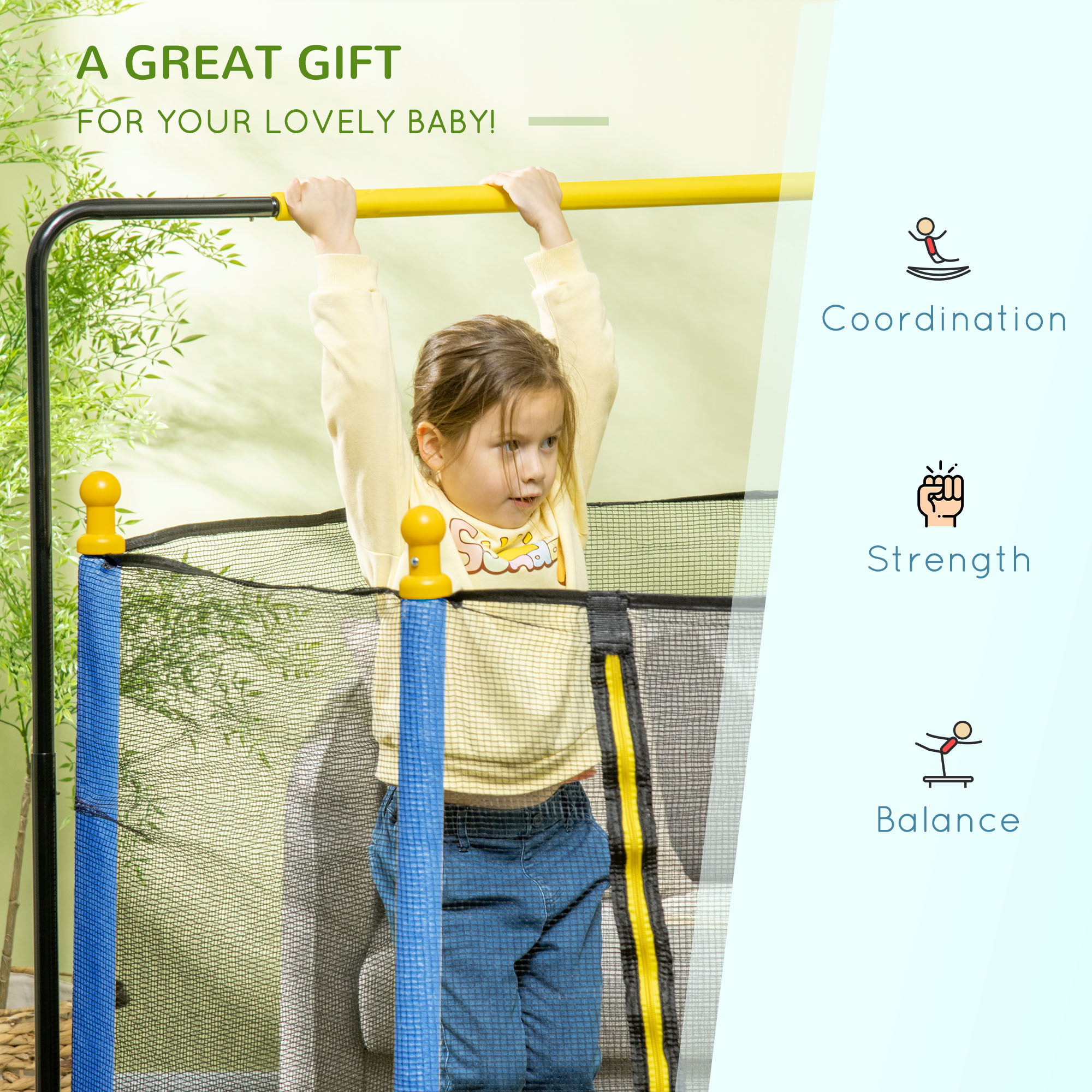 Qaba Kids Indoor Trampoline with Safety Net, Basketball Hoop, and Horizontal Bar, Blue | Aosom.com 6