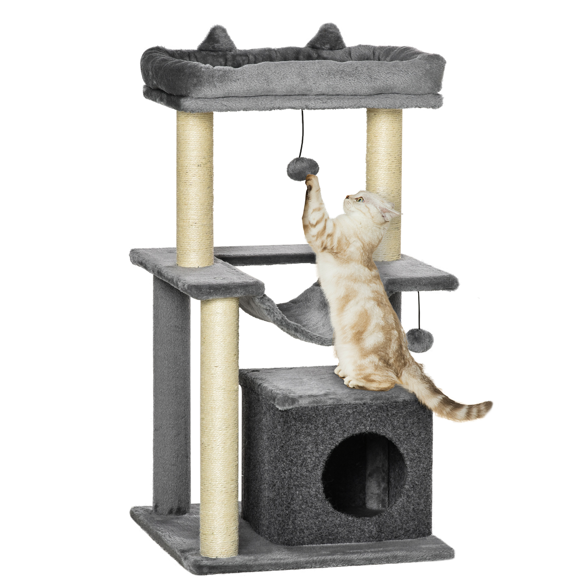 39.25'' Feline Tree Tower Multi-Level Kitten House with Scratching Post Condo Hammock Sleep Ball Plaything - Grey 1