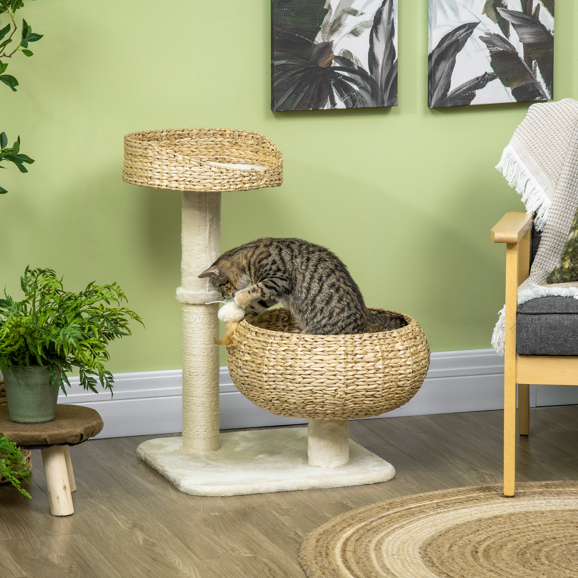 PawHut 28" Cat Tree with Scratching Tower: Double Beds & Post, Beige Finish, Cozy Perches, Sisal-Covered Aosom Canada