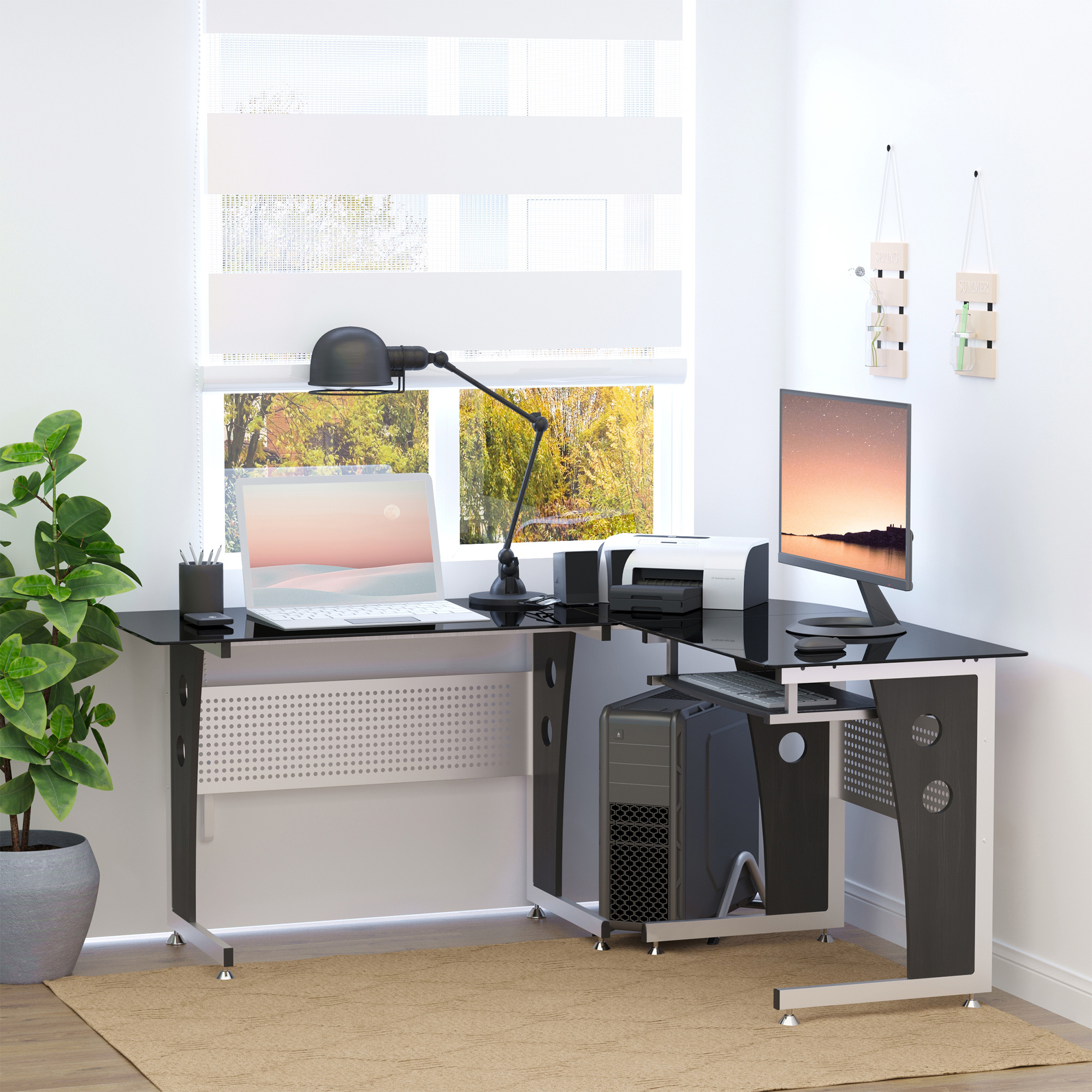 HOMCOM L-Shaped Office Workstation Modern Glass Steel frame ...