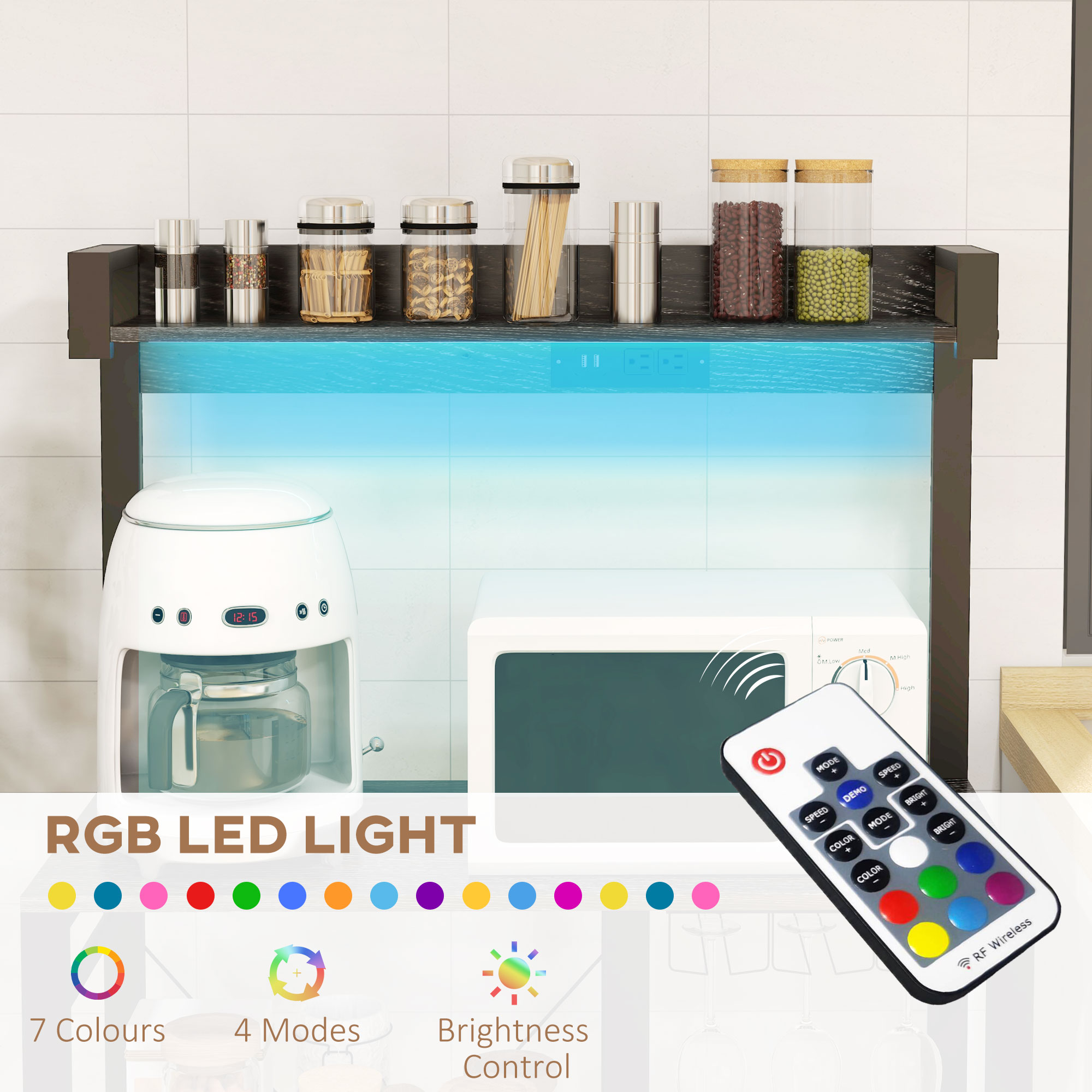 HOMCOM Industrial Gray Kitchen Baker's Rack with Charging Station, RGB Lighting, Glass Holders & Open Storage | Aosom.com 2