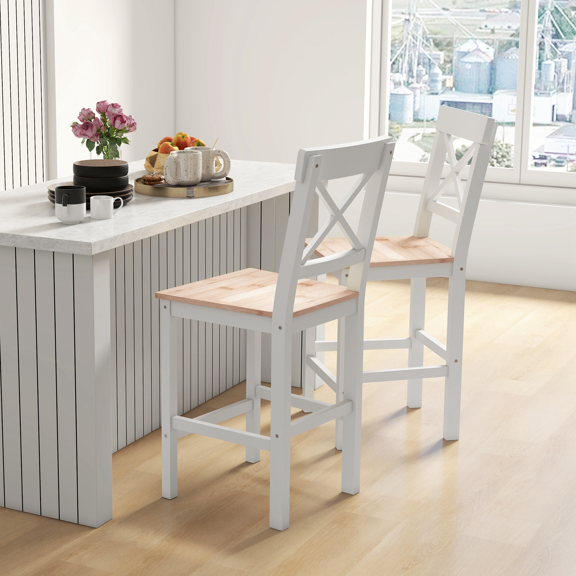 HOMCOM Counter Height Stools Set of 2, Farmhouse Bar Stools with Backs ...