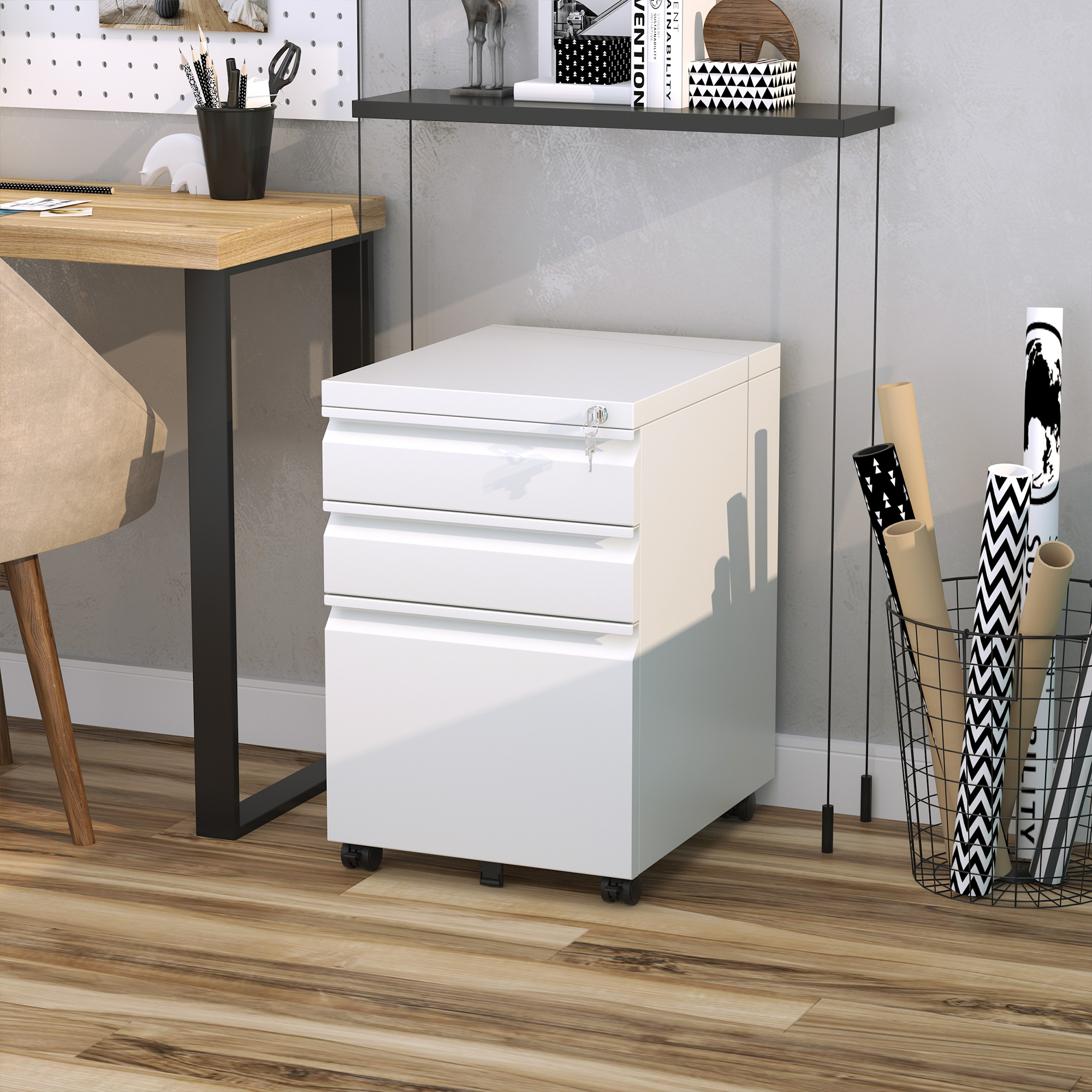 Vinsetto Secure File Tower: 3 Locking Drawers on Wheels for Legal/Letter Documents & Effortless Mobility, White Aosom Canada