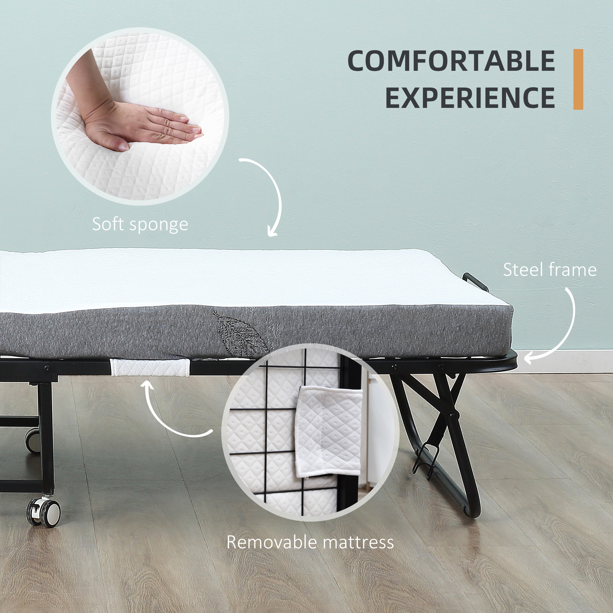 HOMCOM Folding Rollaway Bed with Memory Foam Mattress Portable White Guest Bed on Wheels | Aosom.com 4