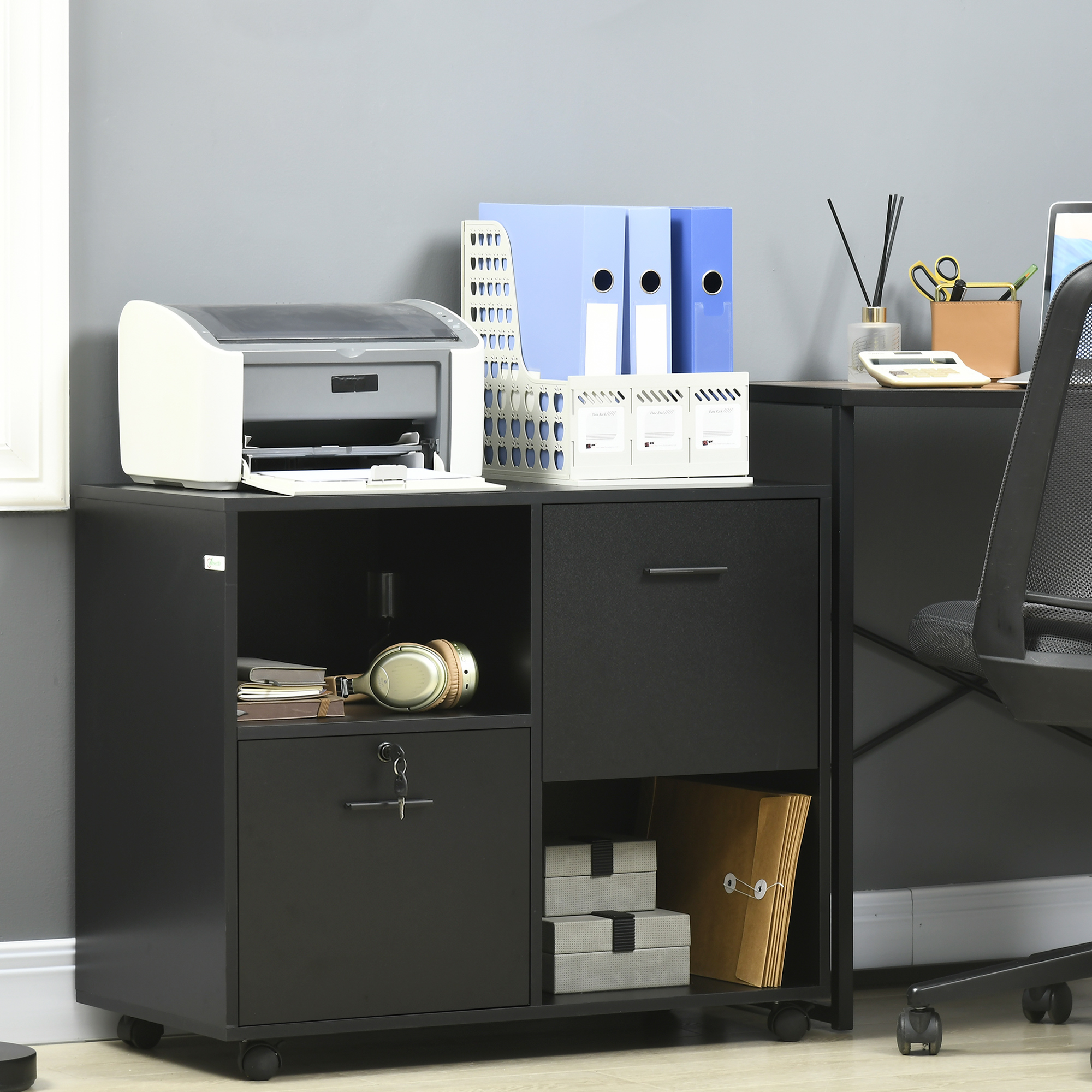 Vinsetto Mobile Printer Stand: Lateral File Cabinet, Lock, Hanging Bars, Letter/A4 Size, Black Aosom Canada
