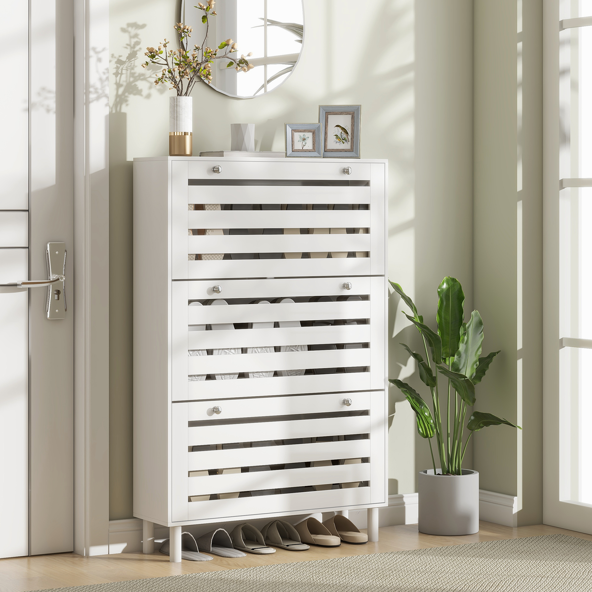 HOMCOM Shoe Storage Cabinet, Wooden Shoe Cabinet with 3 Flip Drawers, Adjustable Shelves, 24 Pairs Capacity, White Aosom Canada