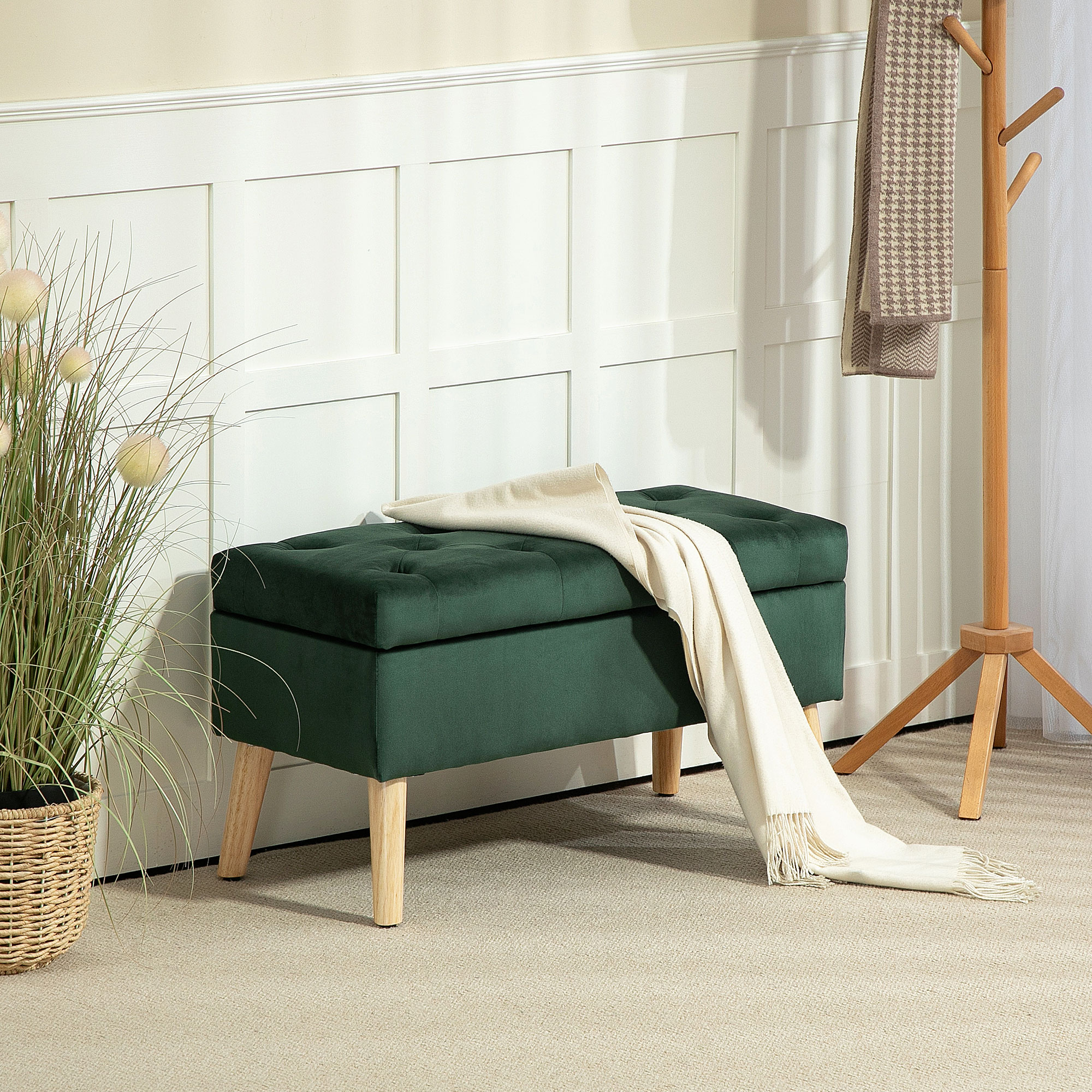 HOMCOM Storage Ottoman with Lid, Velvet Upholstered Storage Bench with Wood Legs for Living Room, Dark Green Aosom Canada