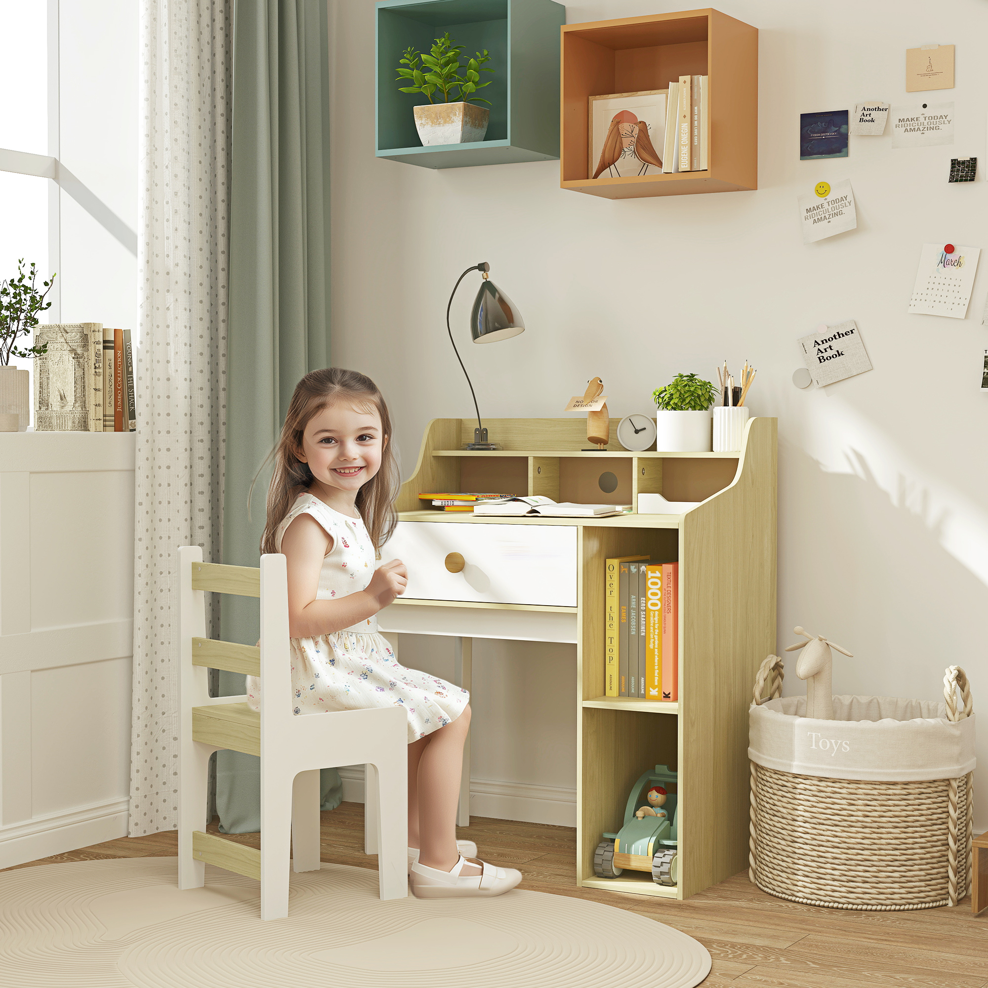 Qaba Kids Desk and Chair Set with Storage Shelves, Drawer, for 3-10 ...