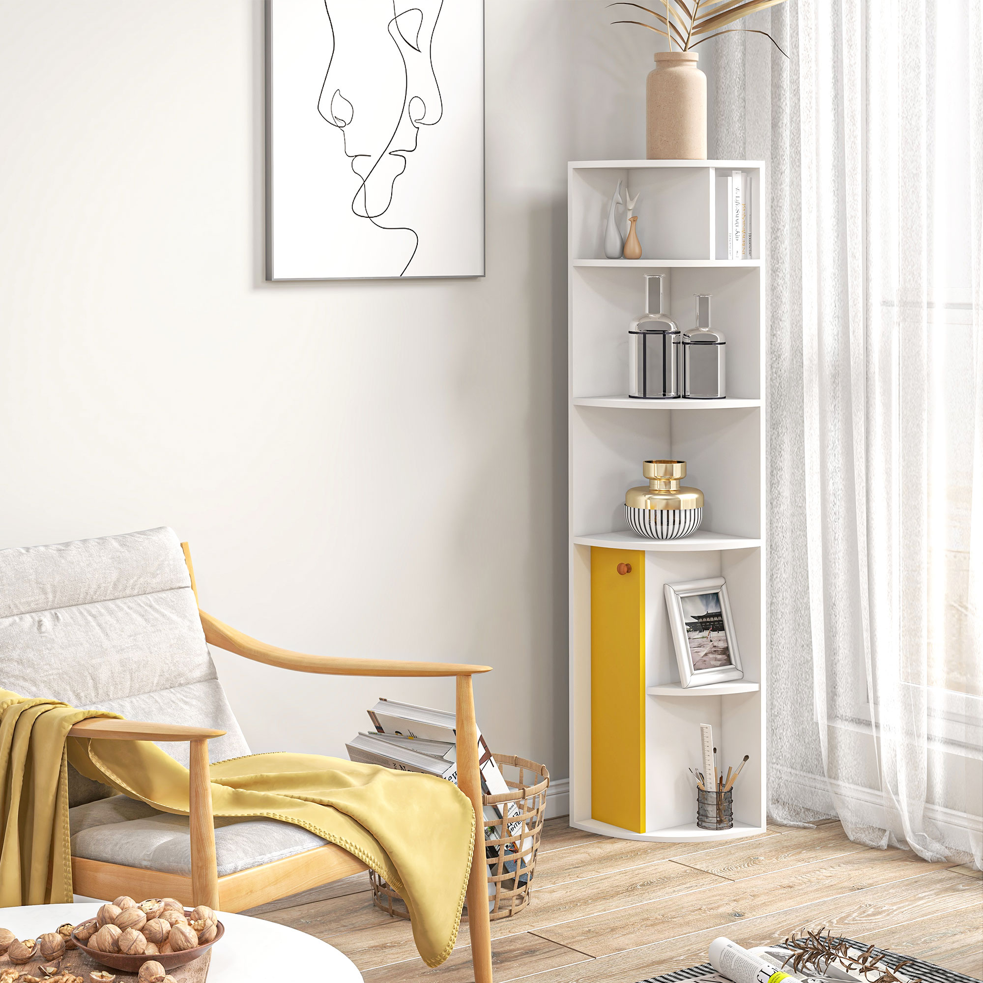 HOMCOM Corner Convenience: 5-Tier Bookshelf with Storage Cupboard Door Organizer for Home Office, White Finish Aosom Canada