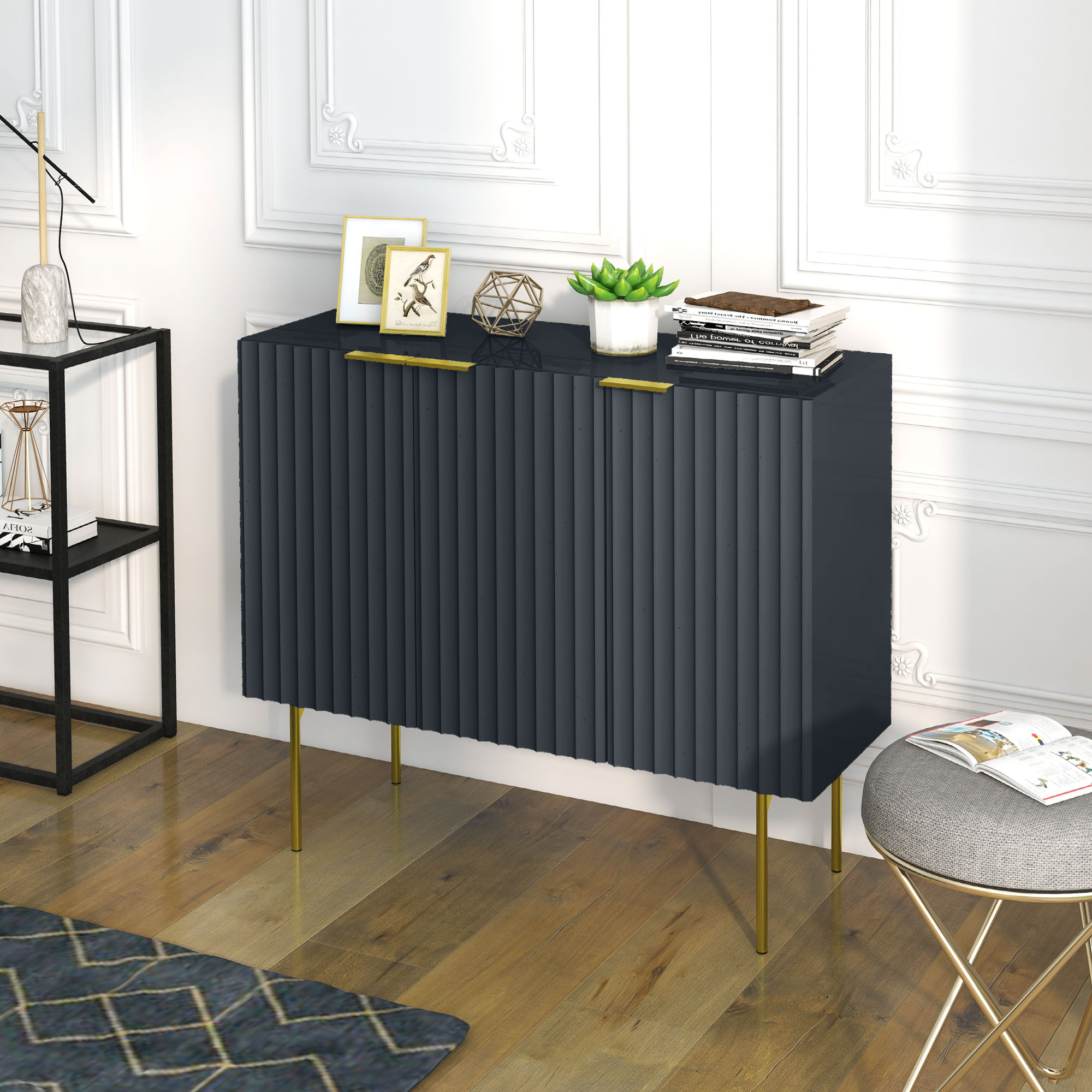 HOMCOM Modern Storage Cabinet Sideboard Cabinet with Fluted Door Gold Legs for Living Room Dining Room Hallway Black Aosom Canada