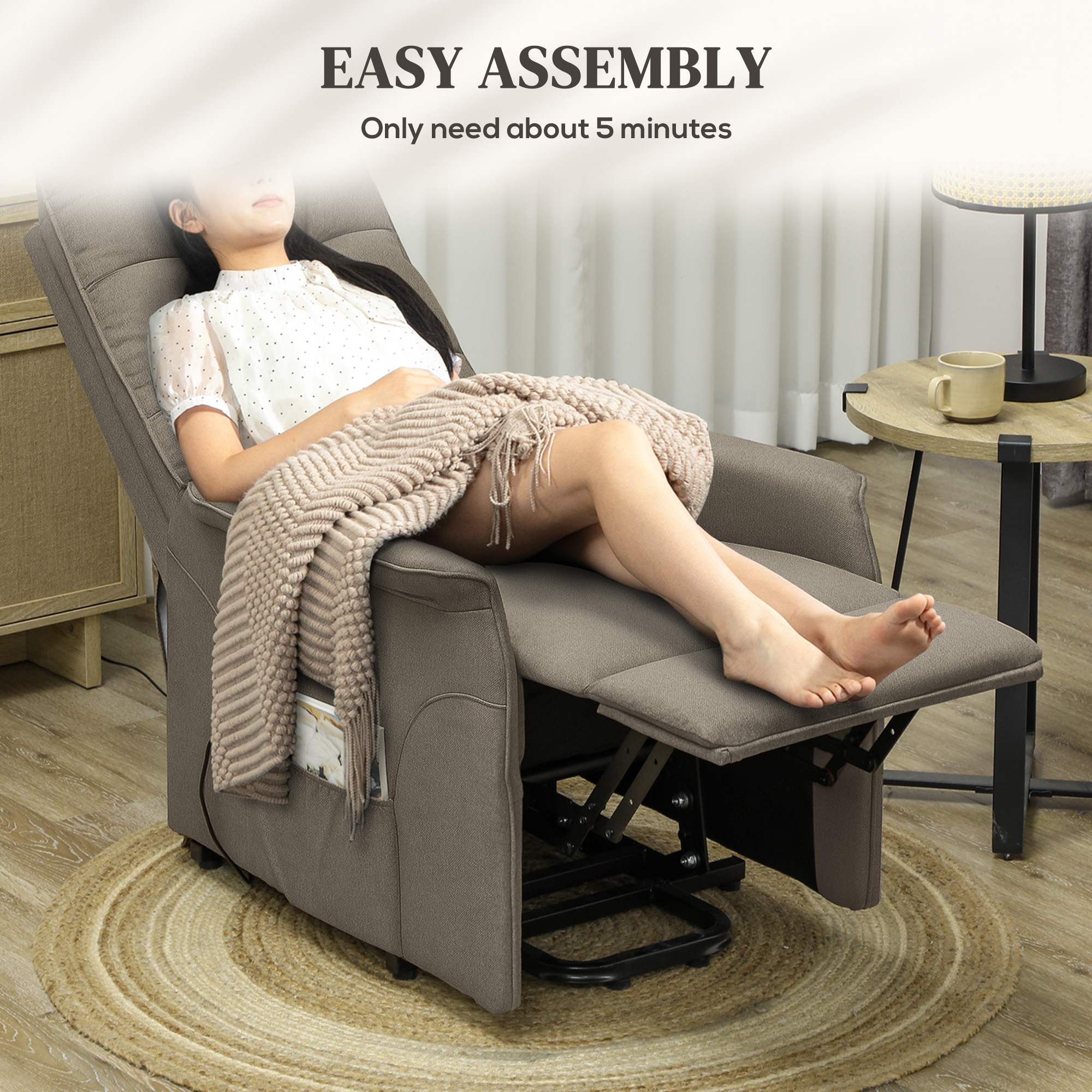 HOMCOM Power Lift Chair for Elderly, Fabric Recliner Sofa with Remote Control, Side Pockets, Quick Assembly, Coffee 5