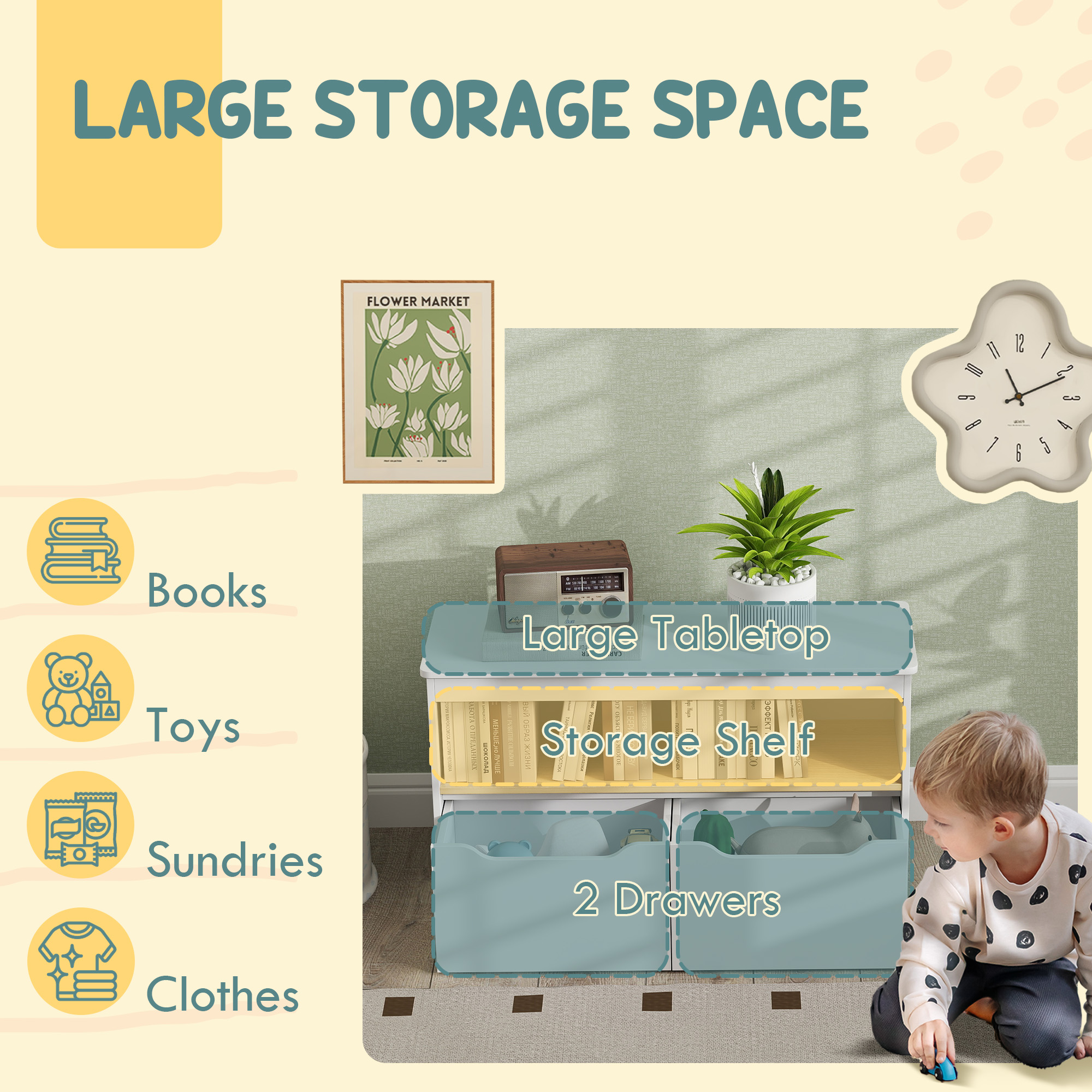 Qaba Toy Storage Organizer with 2 Drawers, Toy Shelf, Large Top, for Bedroom, Nursery, Living Room, White 2