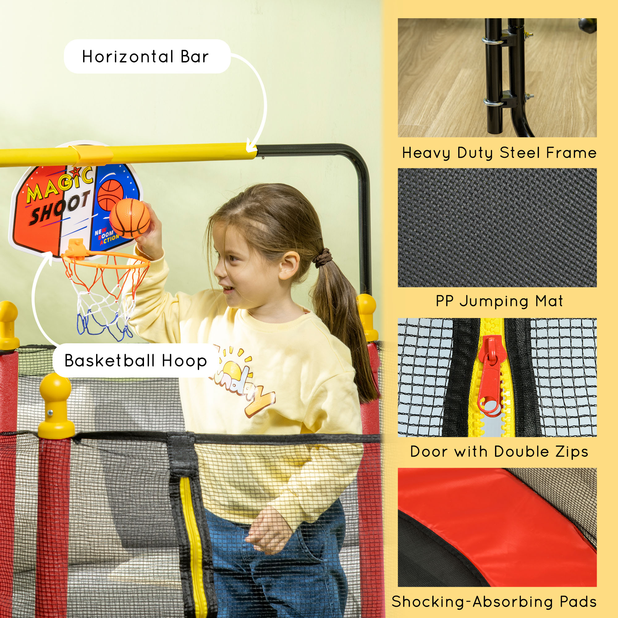Qaba Kids Indoor Trampoline Combo with Safety Net Enclosure, Basketball Hoop, and Horizontal Bar, Red | Aosom.com 4