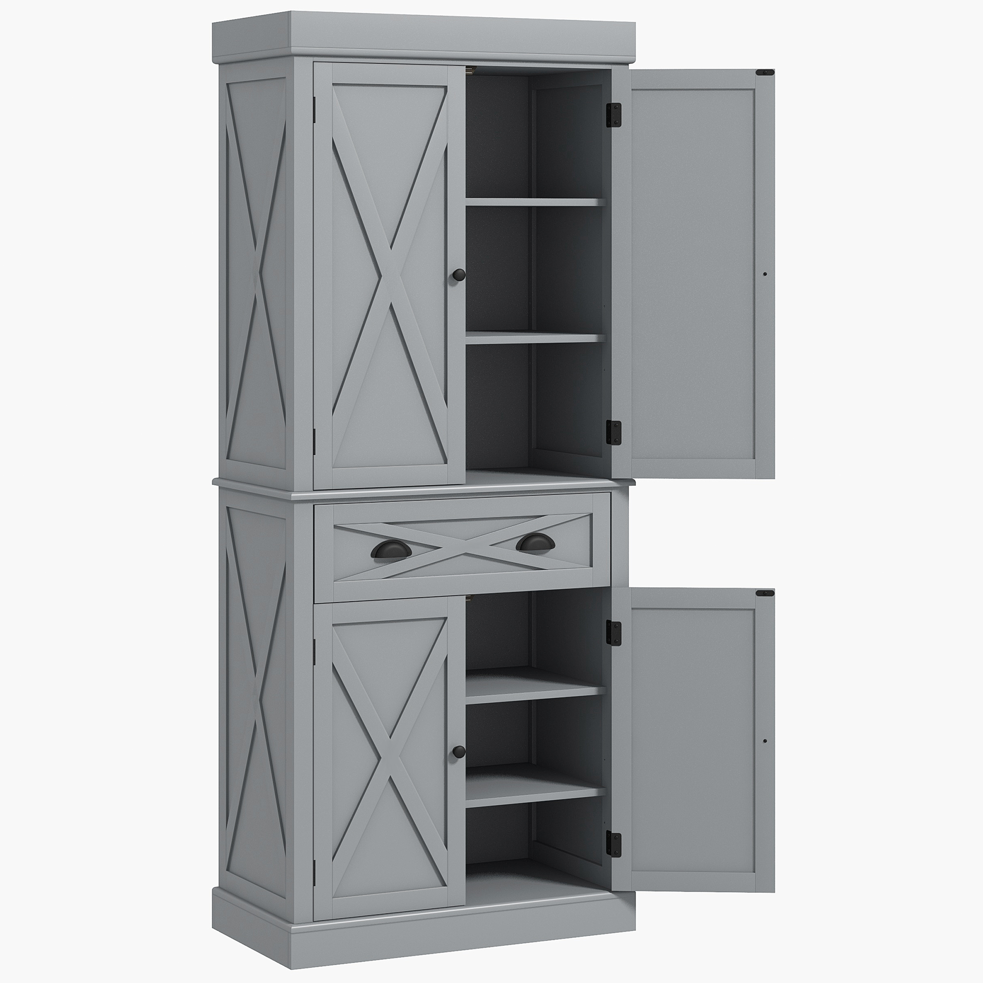 HOMCOM 72" Kitchen Pantry Storage Cabinet with 4 Doors and 2 Adjustable Shelves, Large Central Drawer, Gray| Aosom.com
