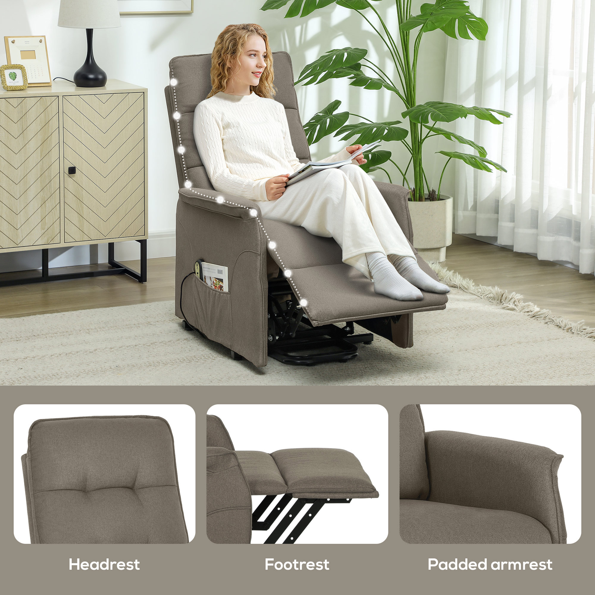 HOMCOM Power Lift Chair for Elderly, Fabric Recliner Sofa with Remote Control, Side Pockets, Quick Assembly, Coffee 6