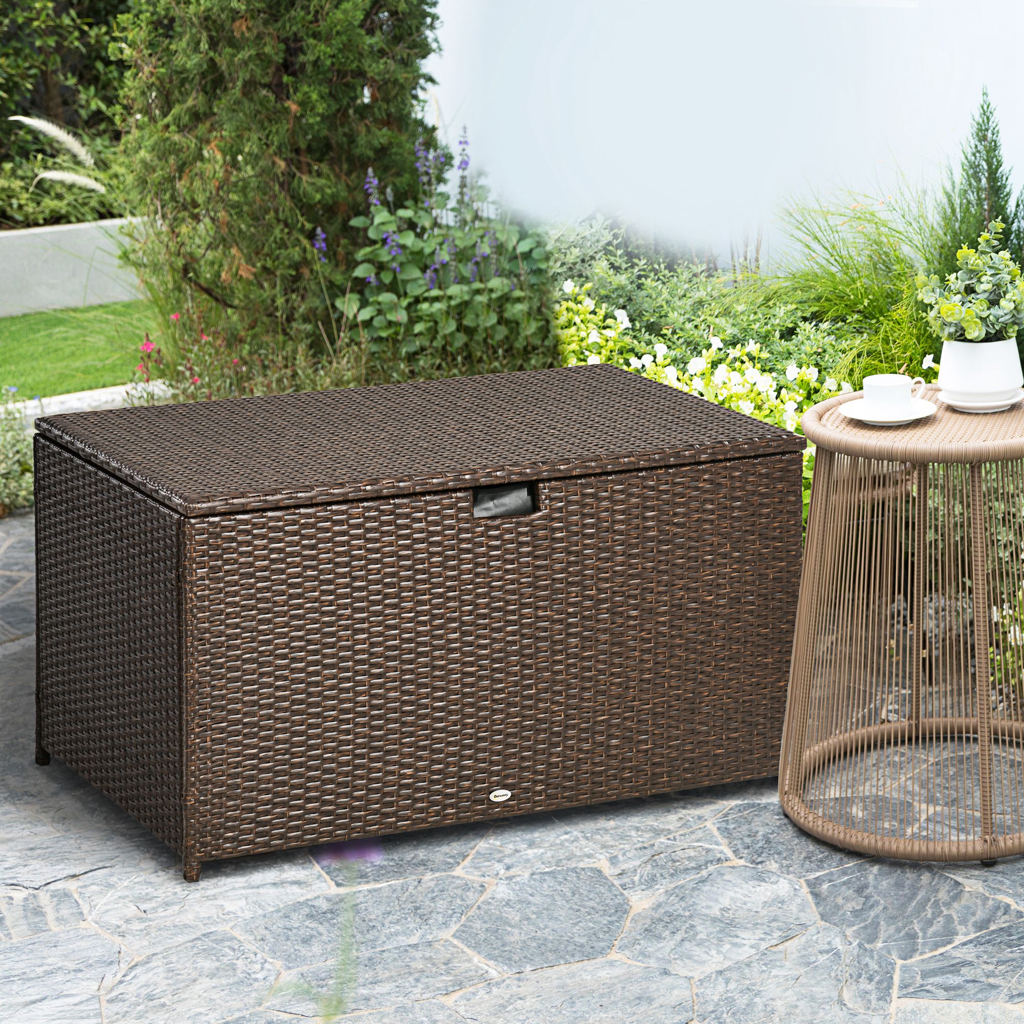 Outsunny 113 Gallon Outdoor Storage Box, Rattan Deck Box for