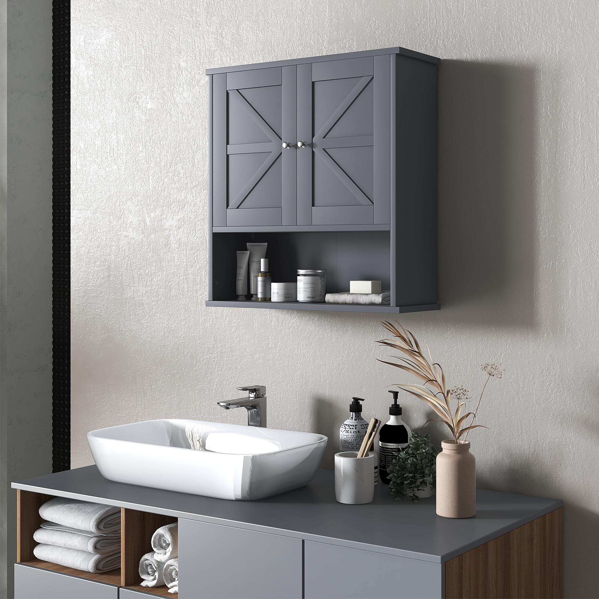 kleankin Farmhouse Bathroom Medicine Cabinet, Wall Cabinet with Barn Doors and Adjustable Shelf for Laundry Room, Gray 0