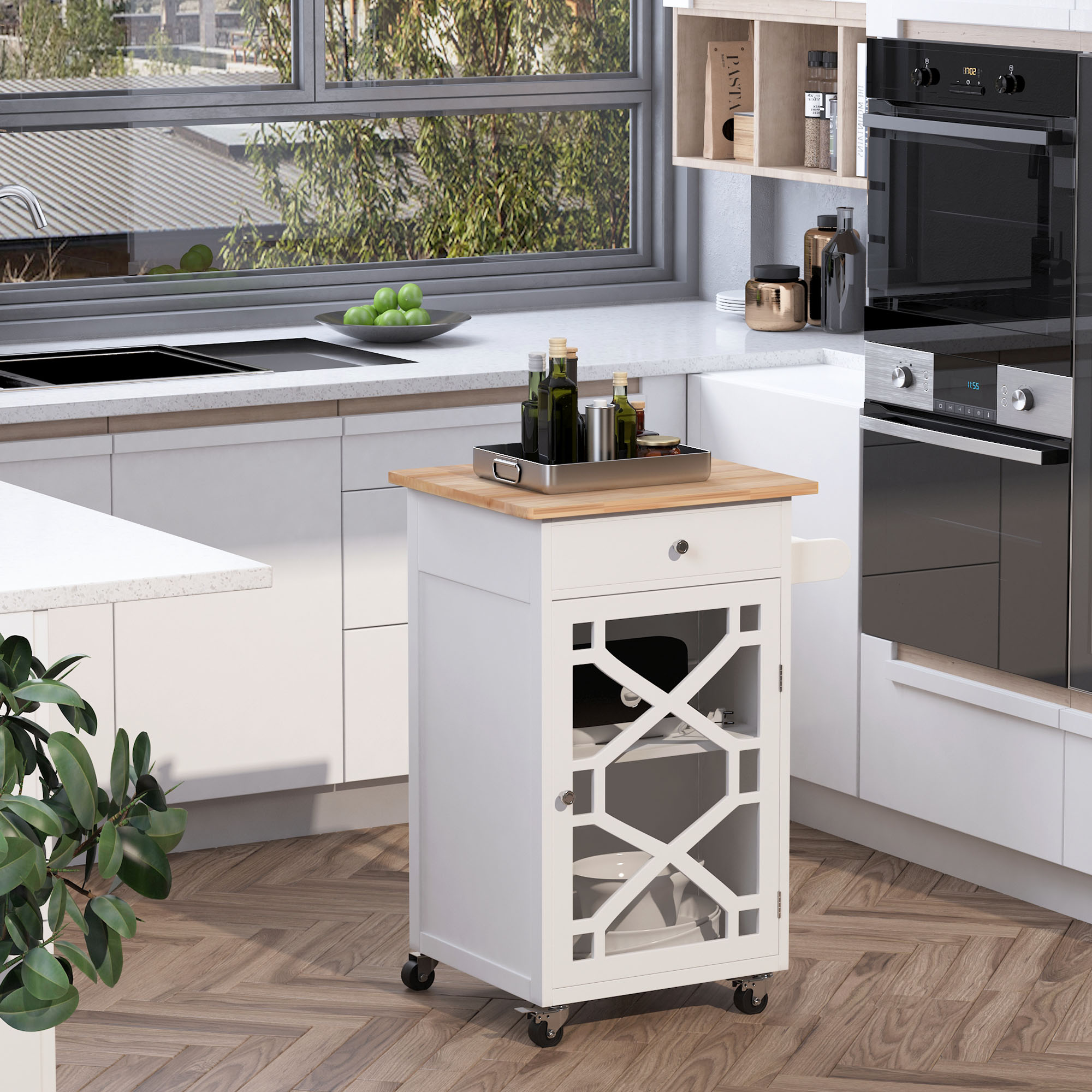 HOMCOM Rolling Kitchen Island Cart Rubberwood Top Drawers Doors Adjustable Shelves Mobile Storage Furniture Aosom Canada