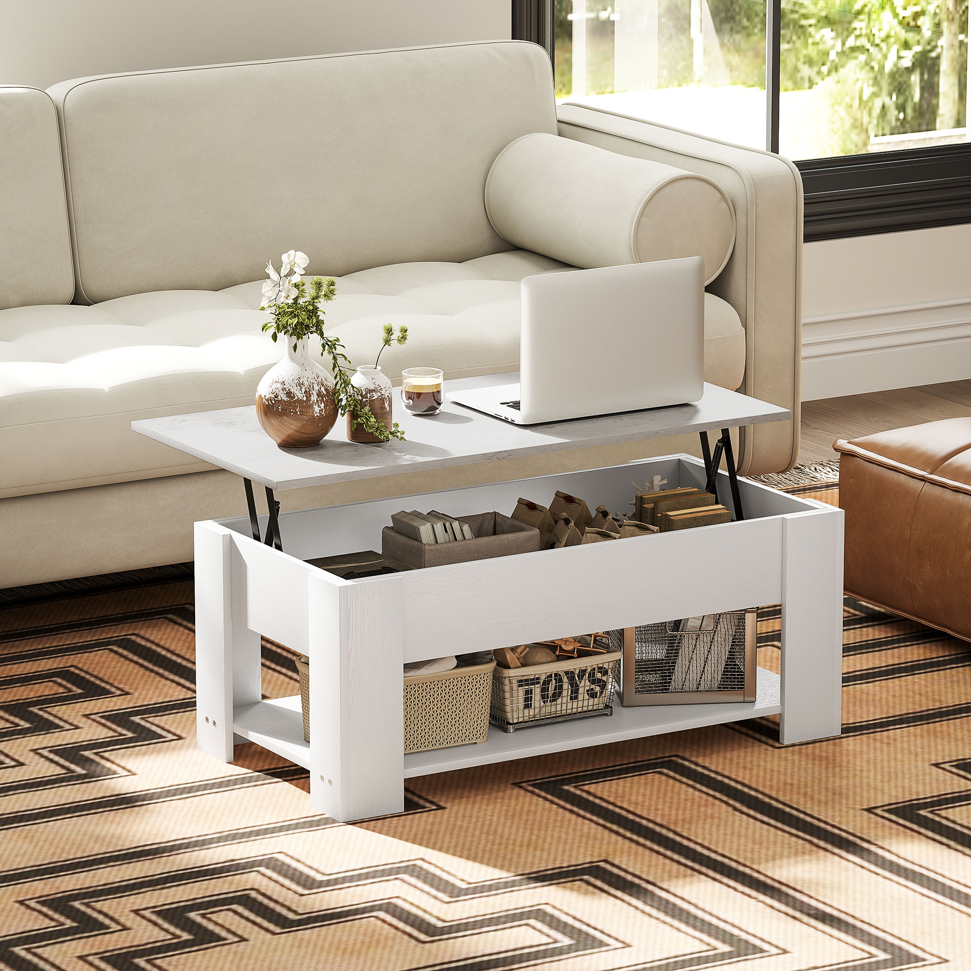 HOMCOM Lift Top Coffee Table with Hidden Storage Compartment and Open Shelf, Center Table for Living Room, White Aosom Canada