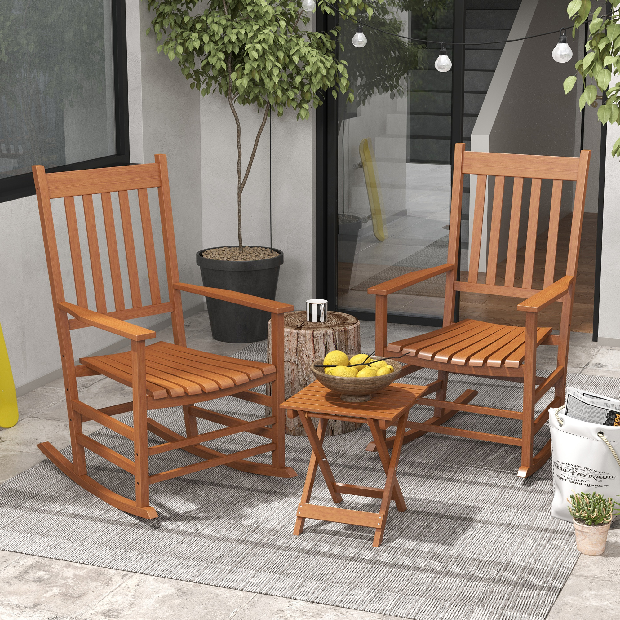 Outsunny Wooden Rocking Chair Set w/ Foldable Side Table, Outdoor ...