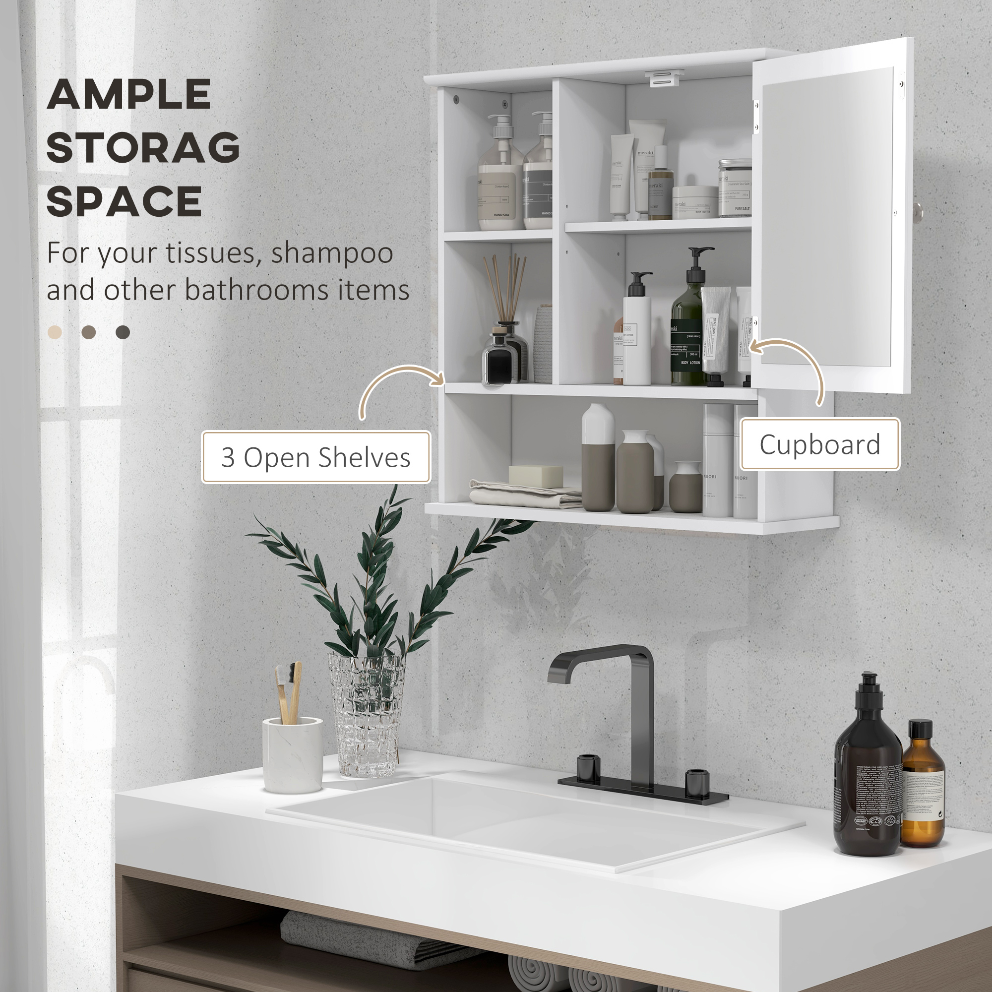 Kleankin Wall Mount Wood Medicine Cabinet with Mirror Adjustable Shelf Storage Organizer White | Aosom.com 3