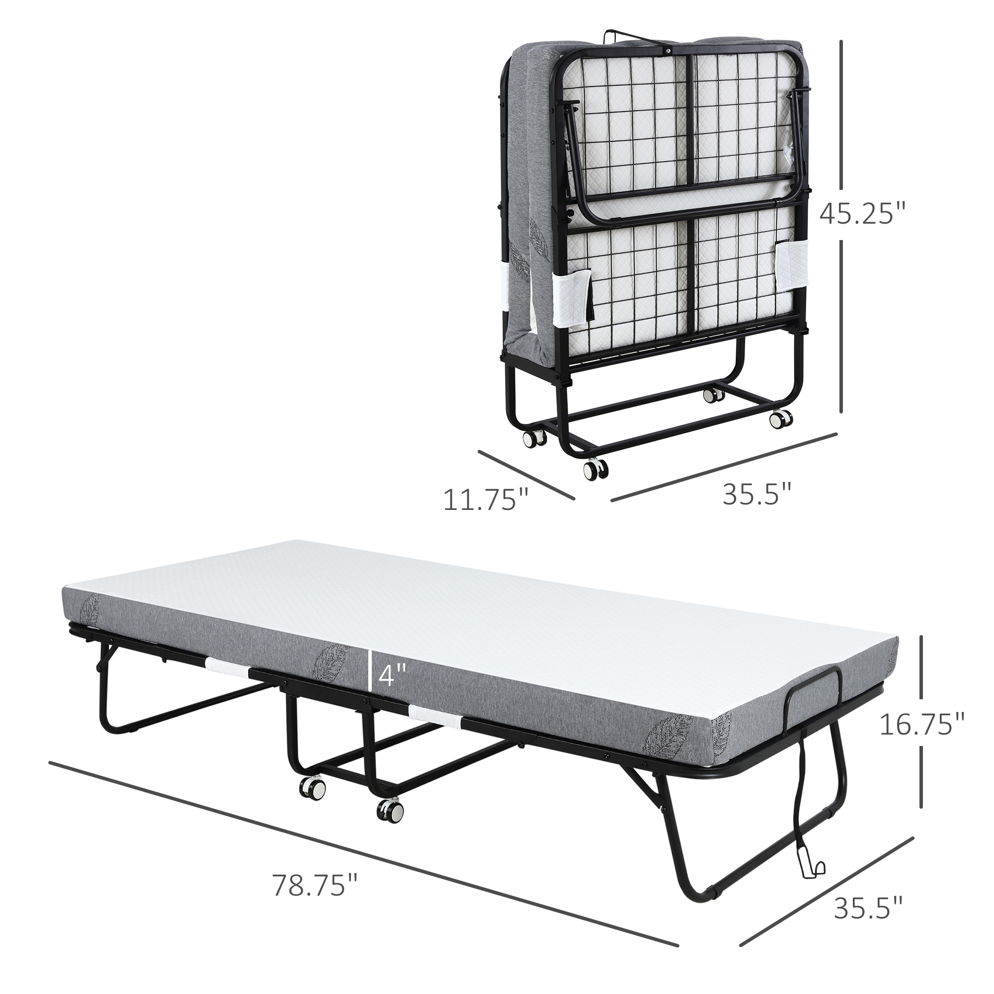 HOMCOM Folding Rollaway Bed with Memory Foam Mattress Portable White Guest Bed on Wheels | Aosom.com 1