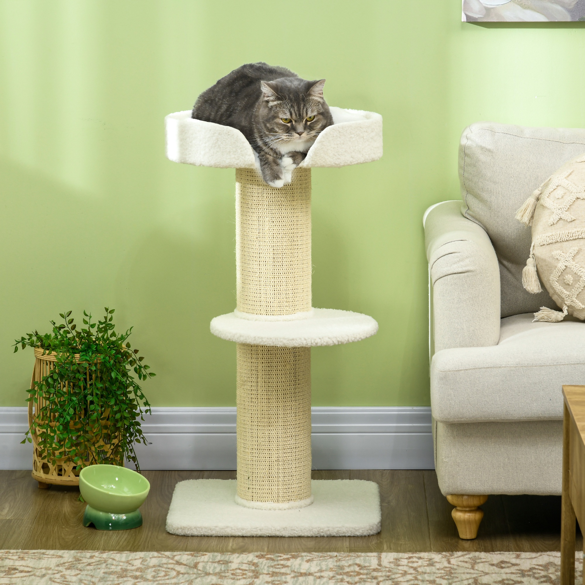PawHut Cat Tree Kitty Tower Sisal Mat Scratching Post Cat Bed Cushion Perch 18"x18"x36" Cream White Aosom Canada