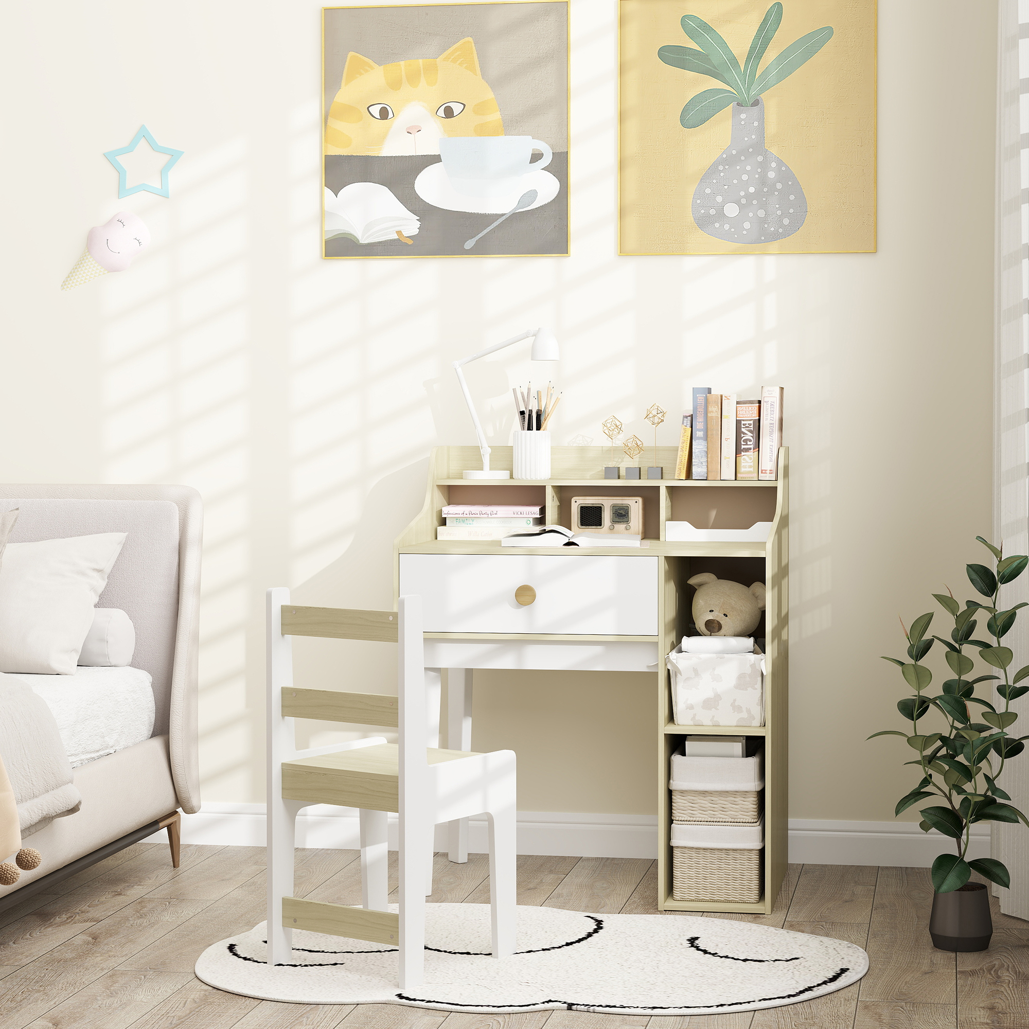 Qaba Kids Desk and Chair Set with Storage Shelves, Drawer for 3-10 ...