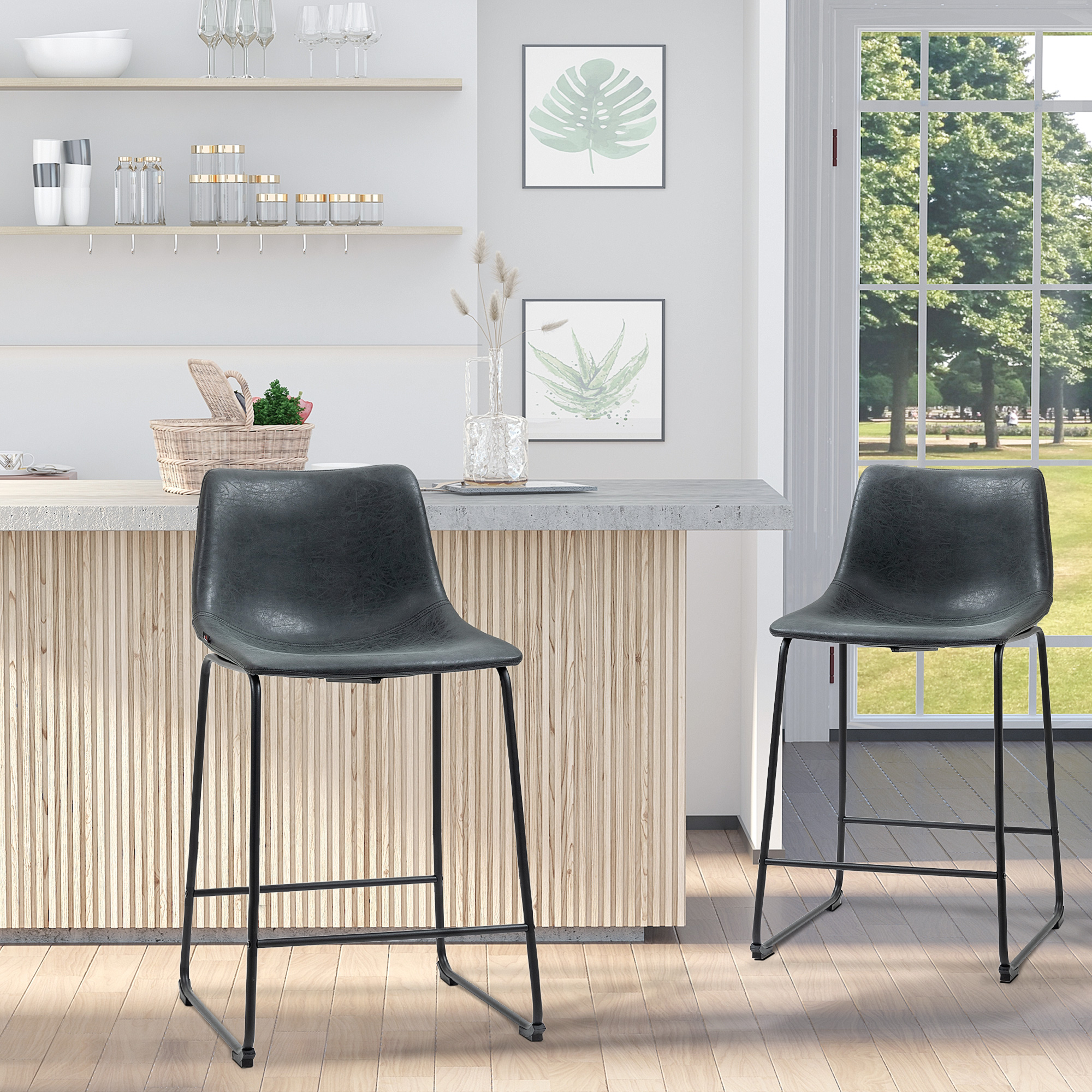 HOMCOM Vintage Bar Stool Set: 2 PU Leather Stools with Footrests for Home Bars, Black Aosom Canada