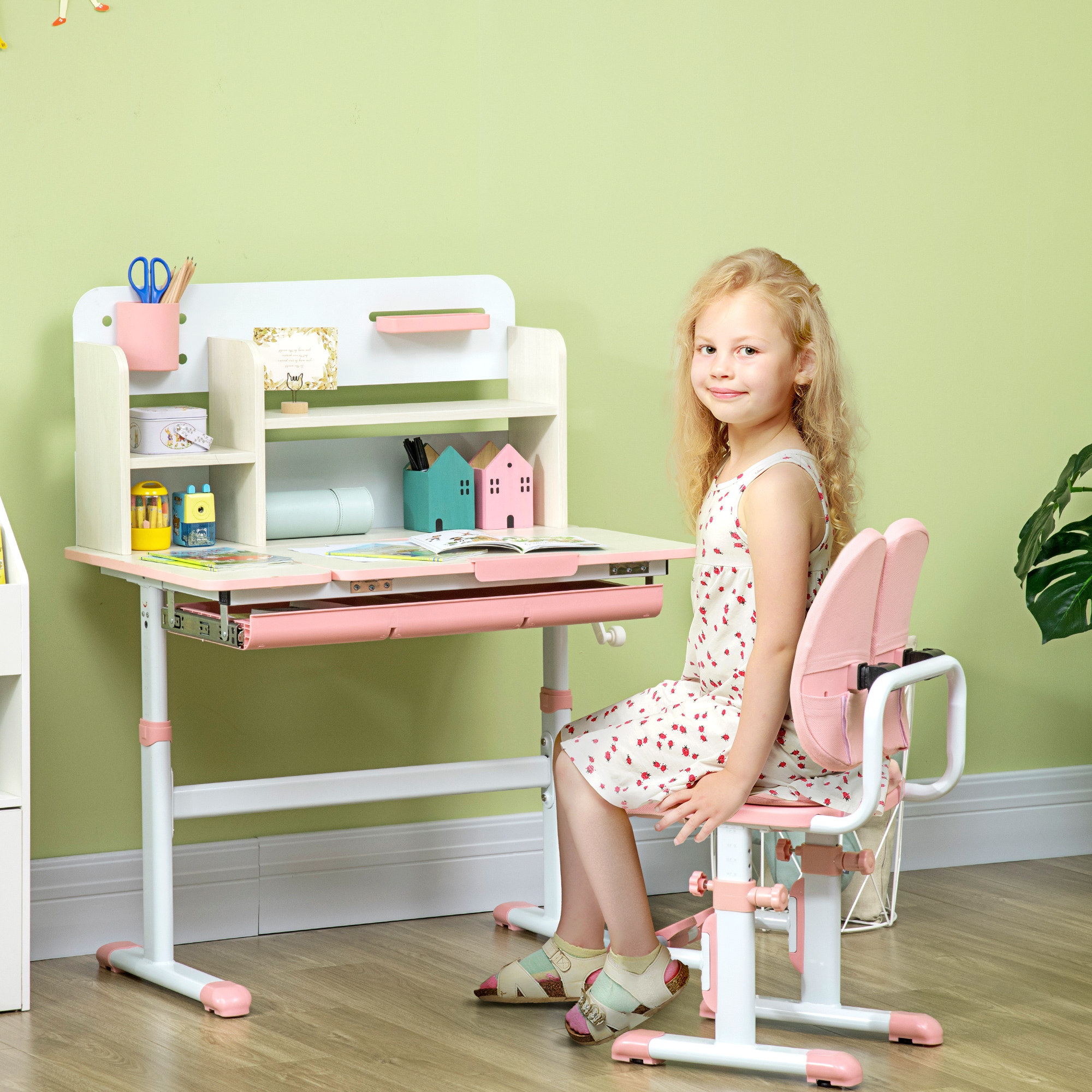 Qaba Kids Desk and Chair Set with Hand Crank, Tilted Desktop, Height ...