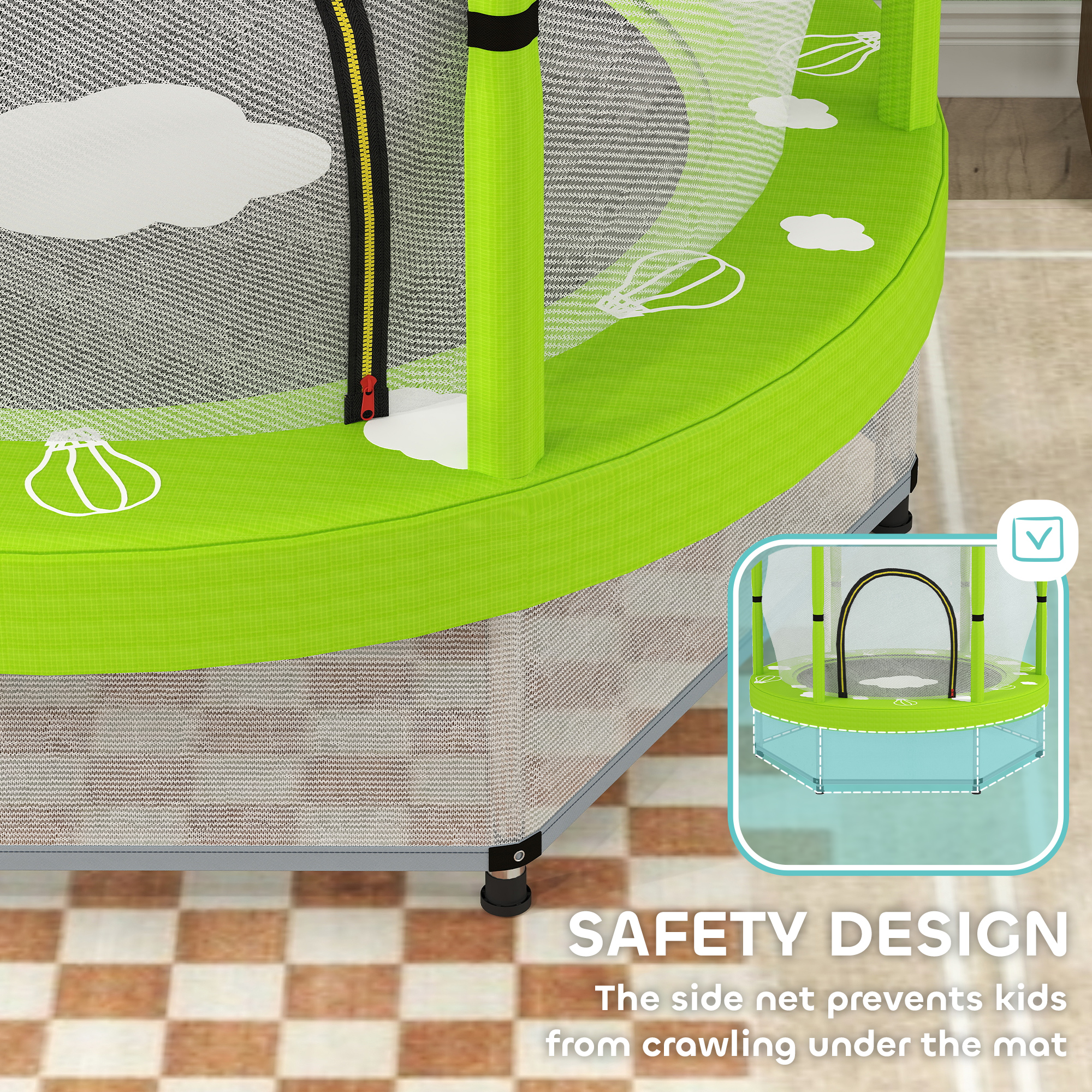 Qaba 4.6FT Toddler Trampoline w/ Safety Net, Recreational Trampoline for Indoor Outdoor, Cloud Pattern, Green 5