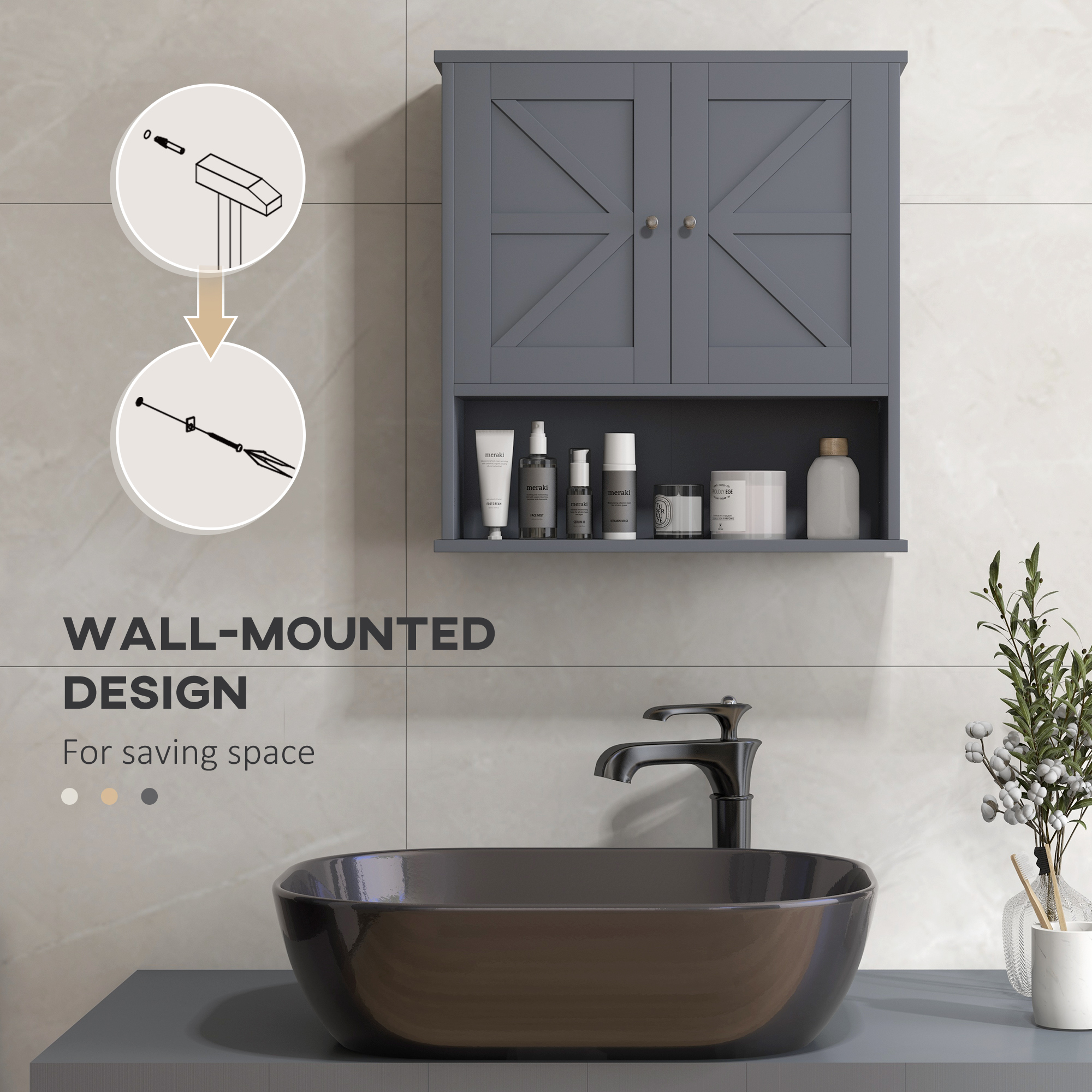 kleankin Farmhouse Bathroom Medicine Cabinet, Wall Cabinet with Barn Doors and Adjustable Shelf for Laundry Room, Gray 3
