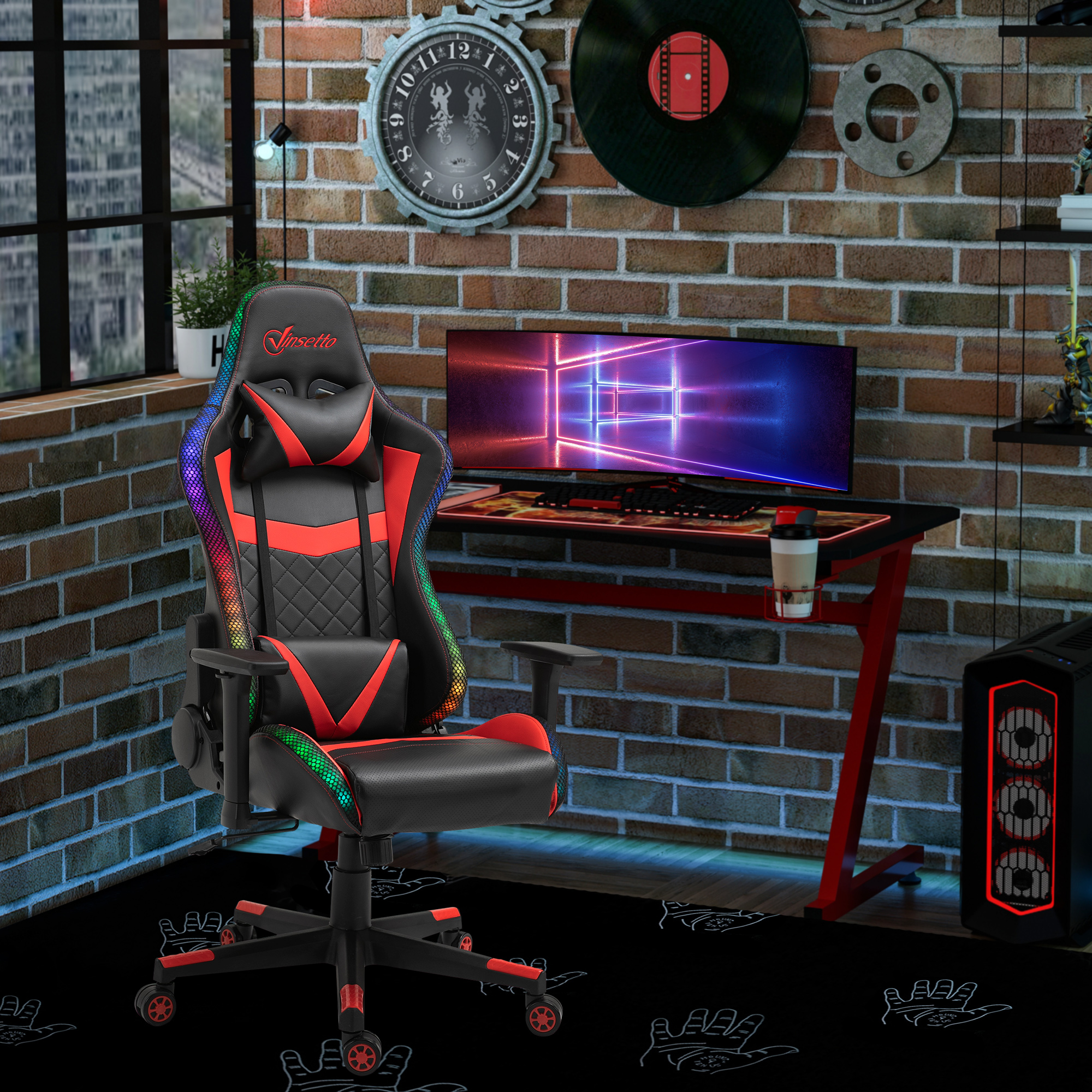Vinsetto Gaming Chair with RGB LED Light, 3D Arm, Lumbar Support