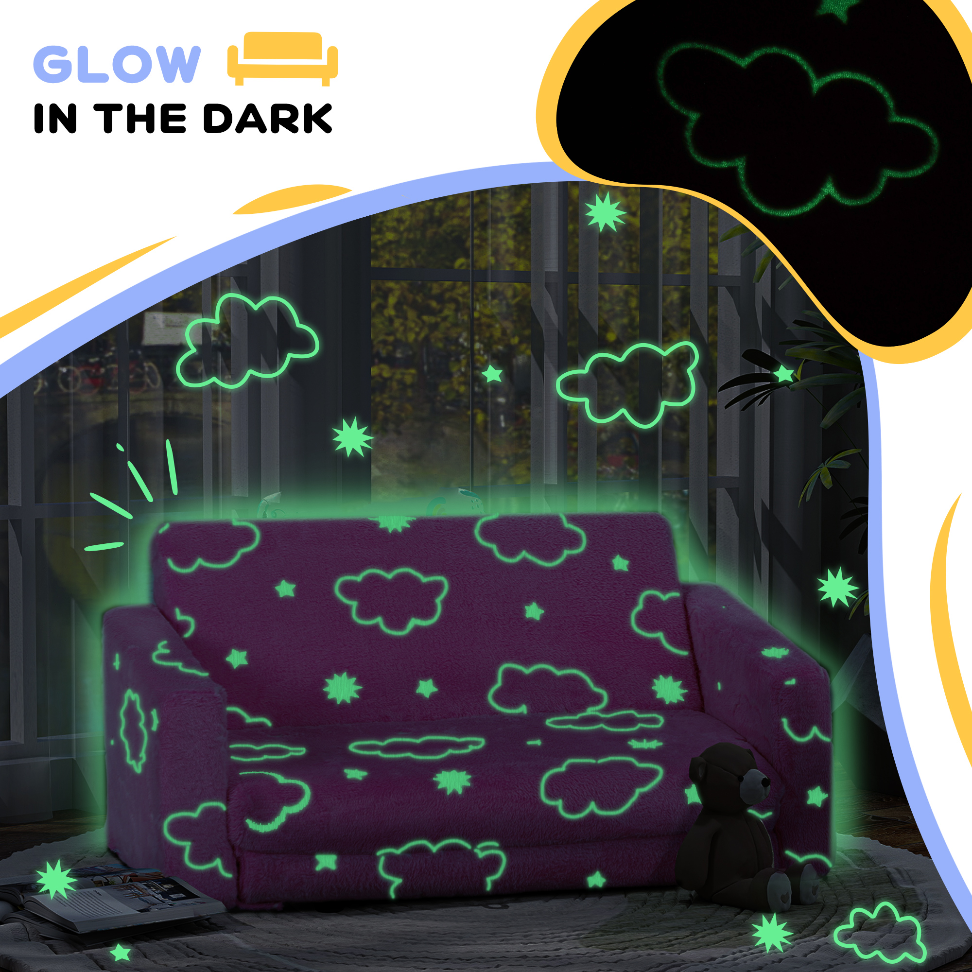Qaba Couch with Glow in the Dark Cloud Patten, Washable Cover, Pink | Aosom.com 2