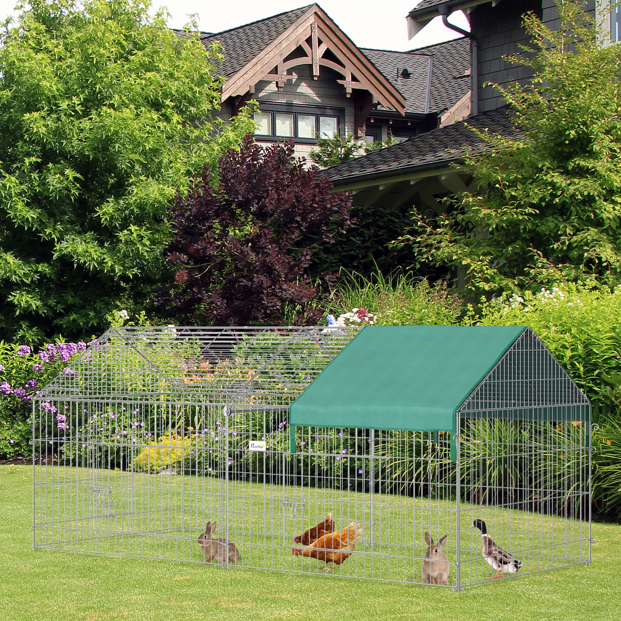 PawHut Outdoor Metal Kennel Enclosure for Small Animals Utilizable as Rabbit or Chicken Run, 87" x 41", Silver & Green Aosom Canada