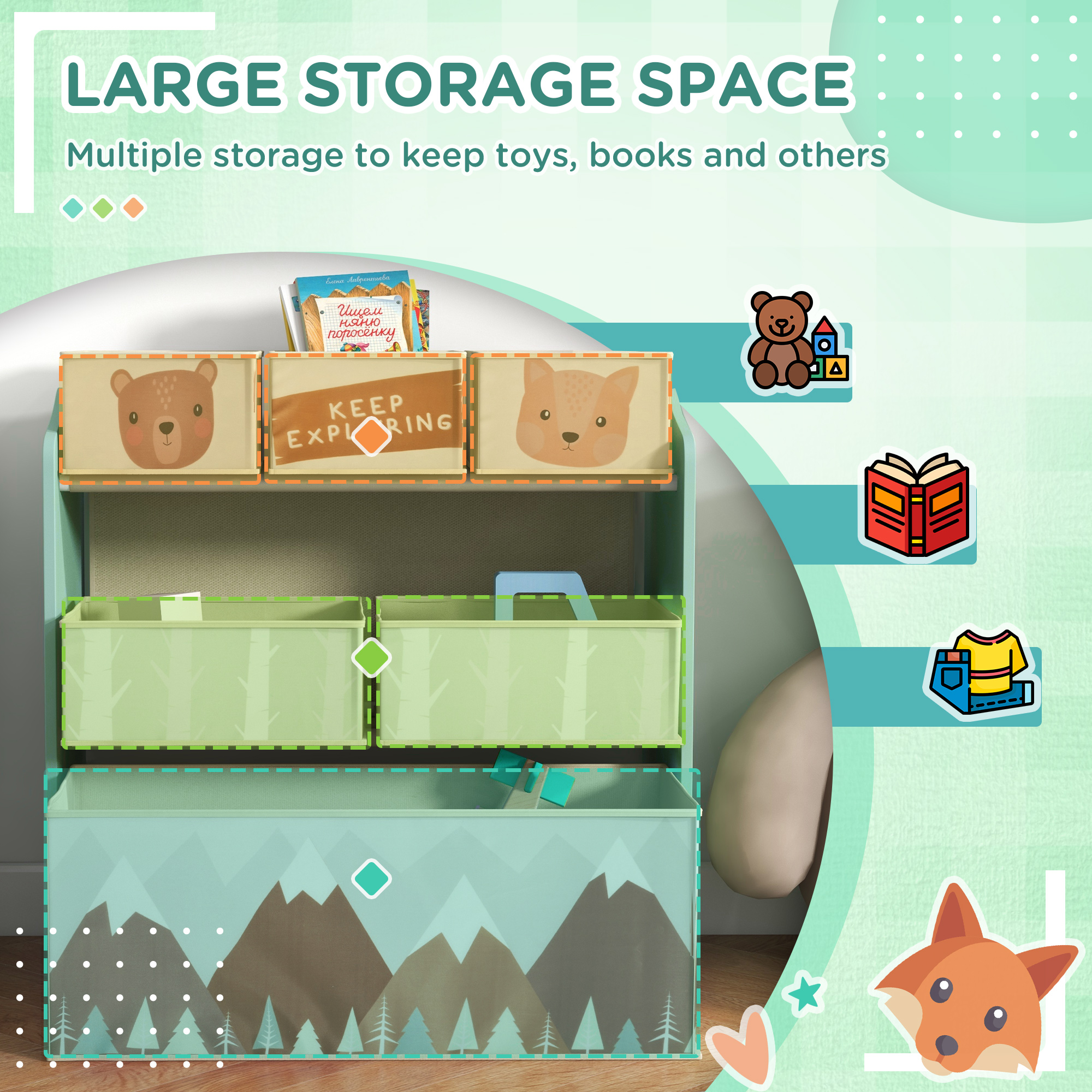 Qaba Vibrant Green Kids Toy Organizer & Storage Unit, 6 Bin System for Bedroom Organization, 25"x12"x26" | Aosom.com 2