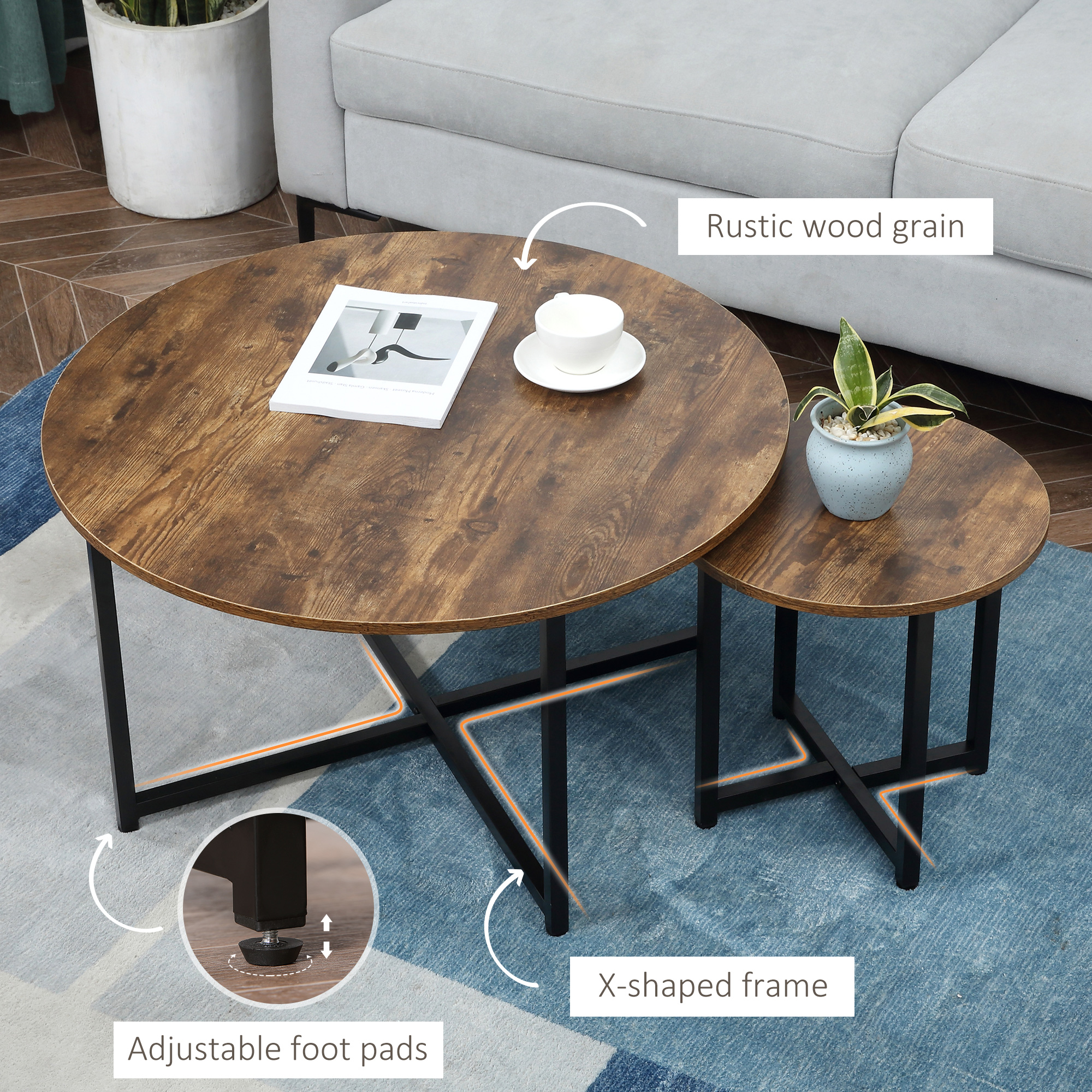 HOMCOM Round Coffee Table, Nesting Set of 2 with Metal Frame, Industrial Side End Table for Living Room Bedroom, Rustic Brown 5