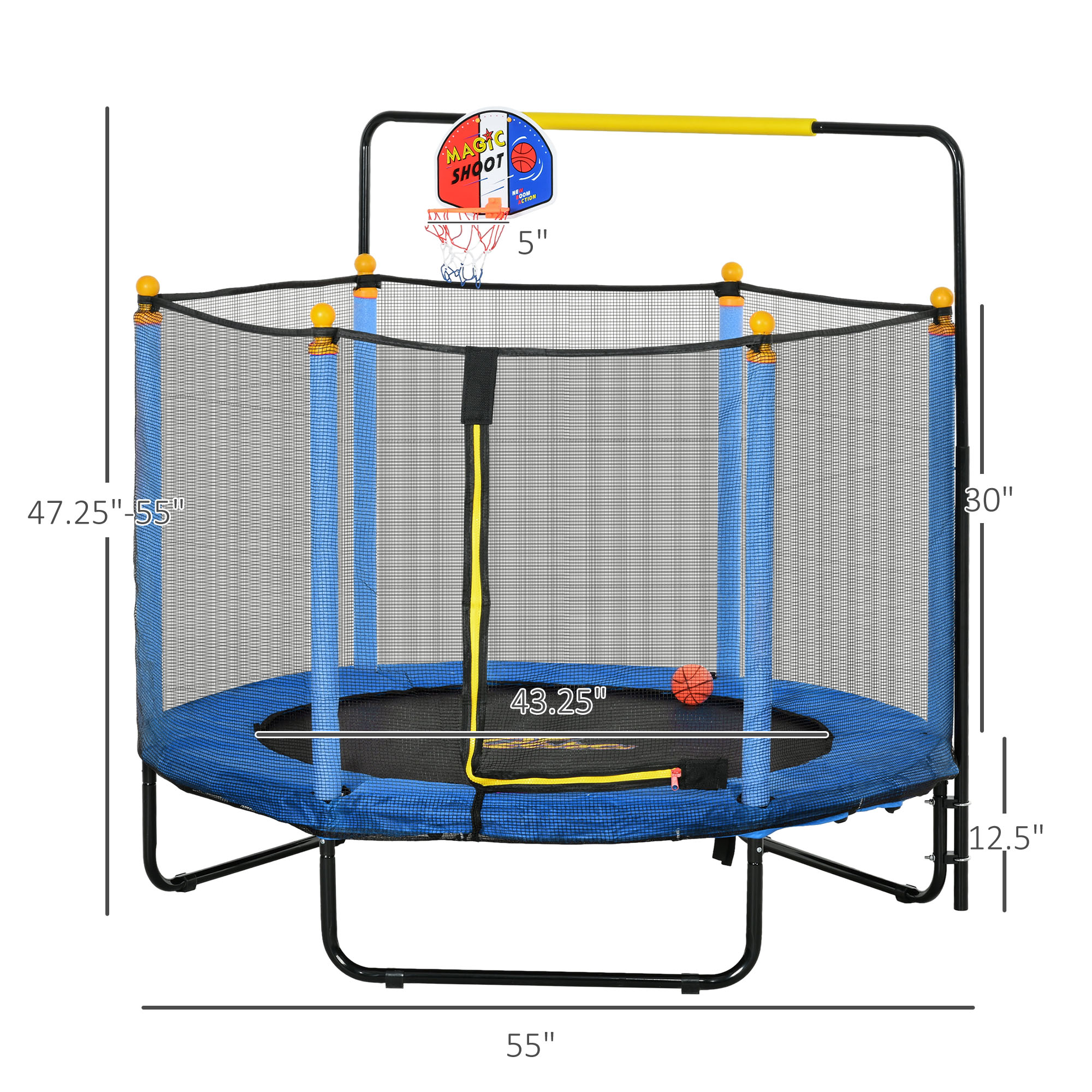 Qaba Kids Indoor Trampoline with Safety Net, Basketball Hoop, and Horizontal Bar, Blue | Aosom.com 1