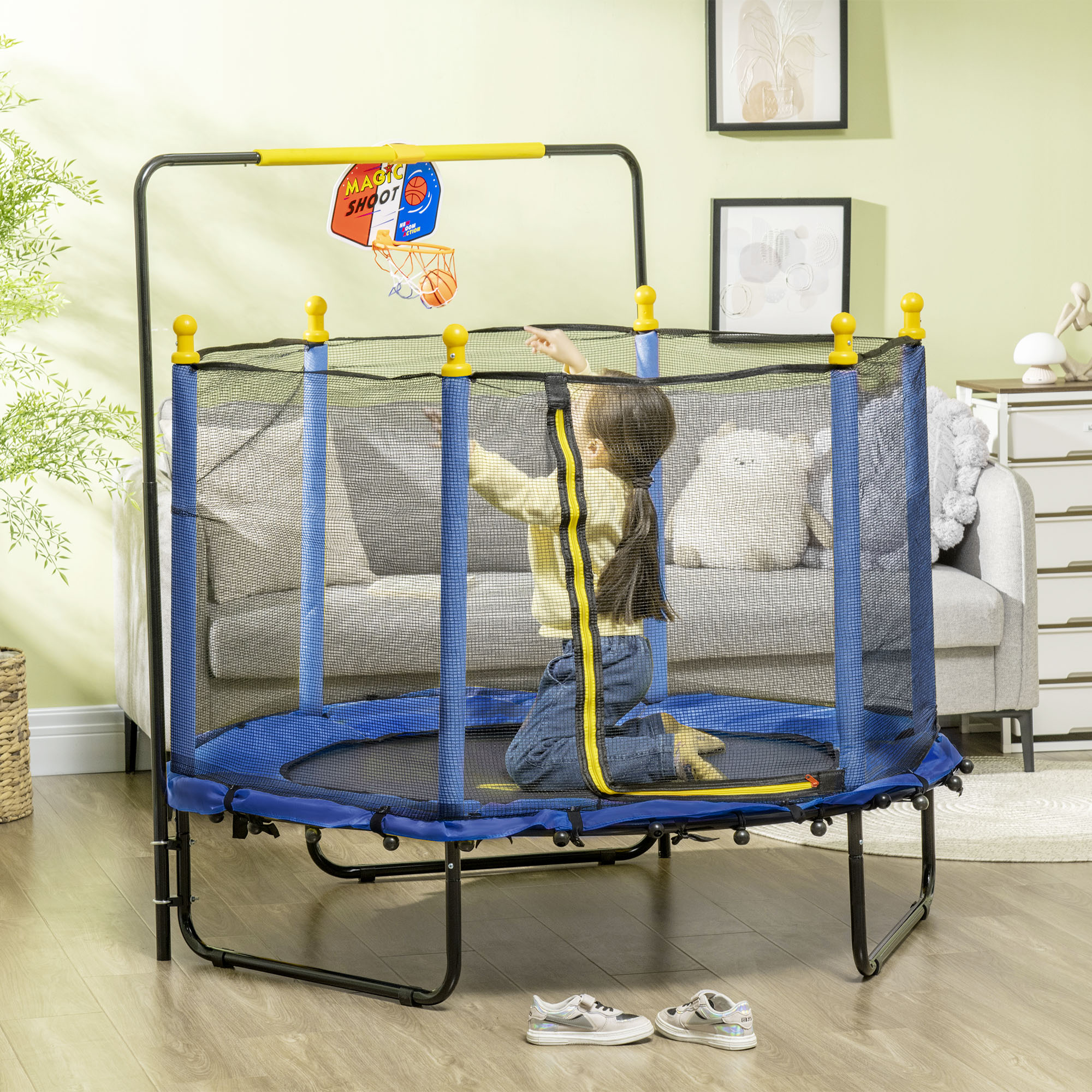 Qaba Kids Indoor Trampoline with Safety Net, Basketball Hoop, and Horizontal Bar, Blue | Aosom.com 0