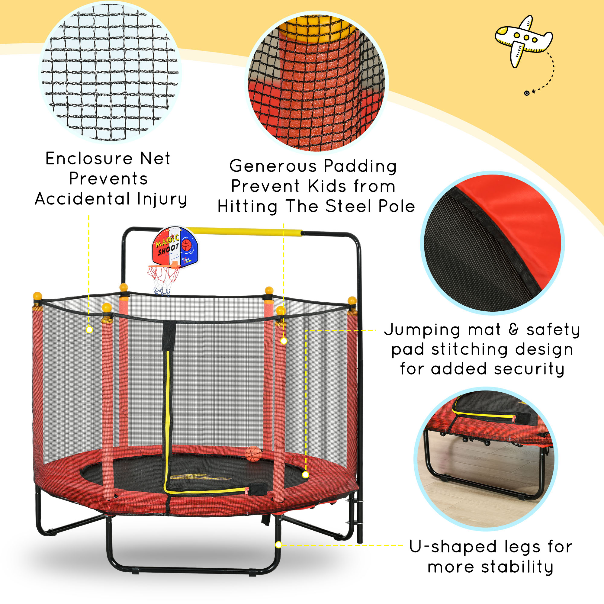 Qaba Kids Indoor Trampoline Combo with Safety Net Enclosure, Basketball Hoop, and Horizontal Bar, Red | Aosom.com 3