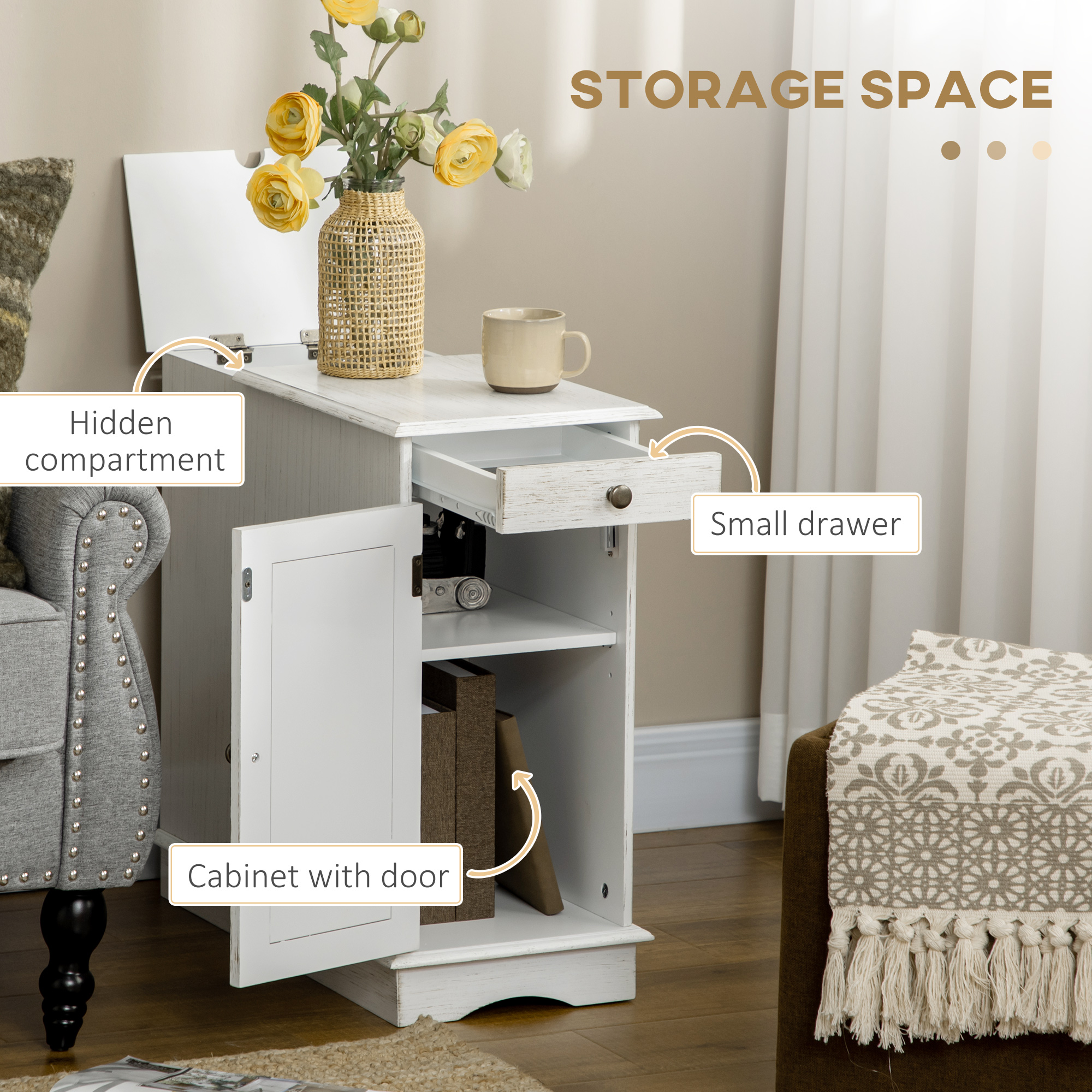 HOMCOM Flip Top End Side Table with Storage Drawer and Cabinet