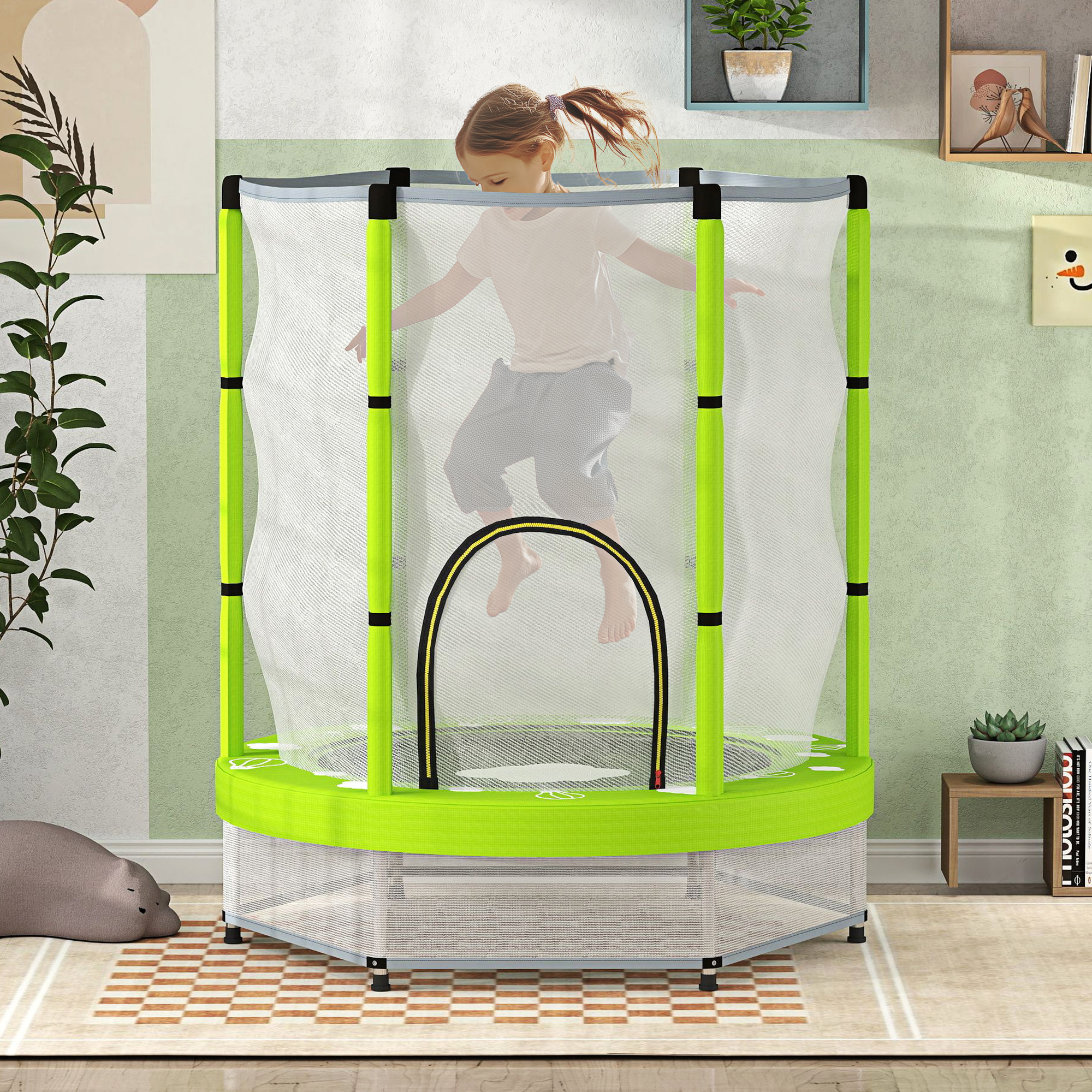 Qaba 4.6FT Toddler Trampoline w/ Safety Net, Recreational Trampoline for Indoor Outdoor, Cloud Pattern, Green 0