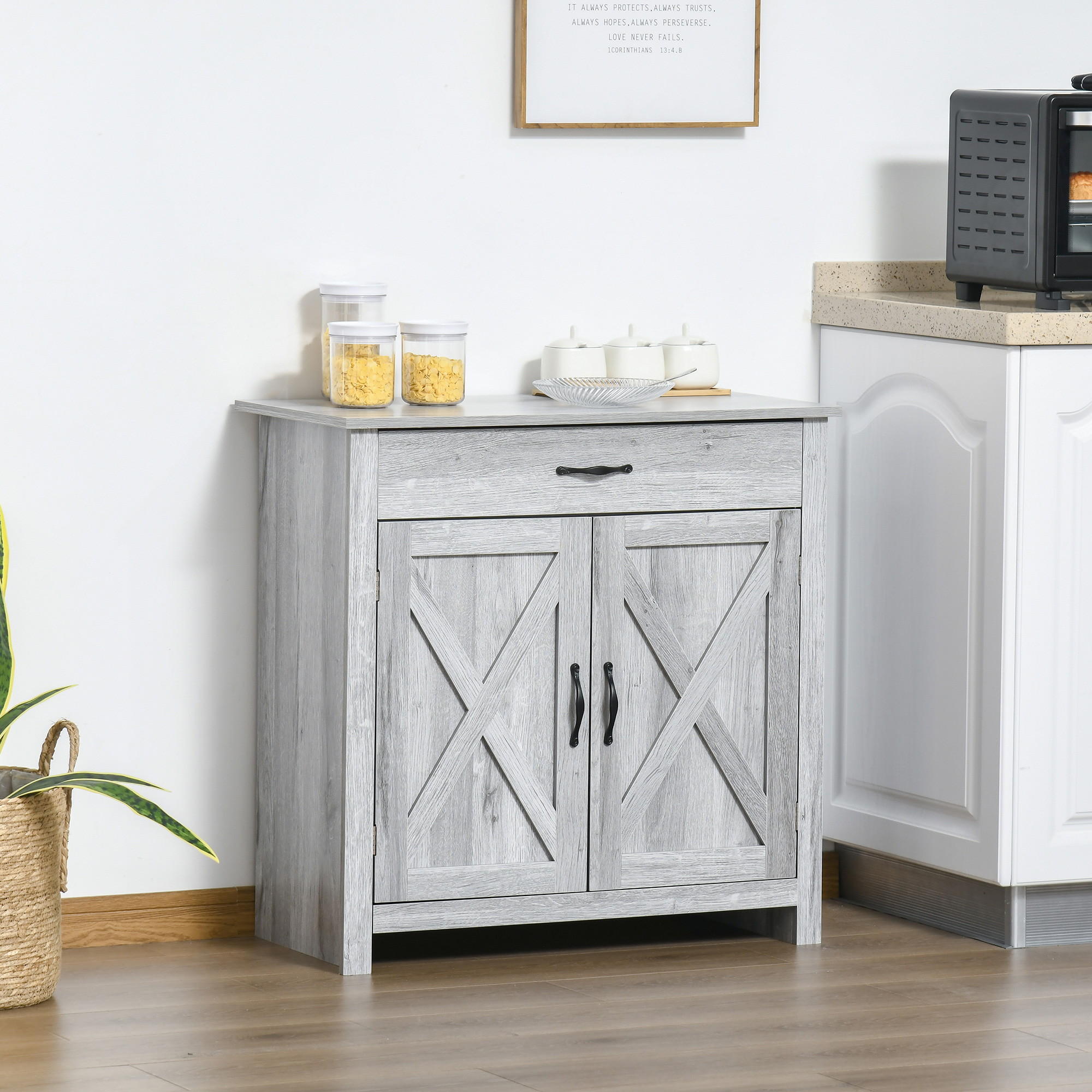 HOMCOM Farmhouse Grey Barn Door Cabinet: Accent Buffet Storage Sideboard Coffee Bar for Living Room, Entryway, Grey Grain Finish Aosom Canada