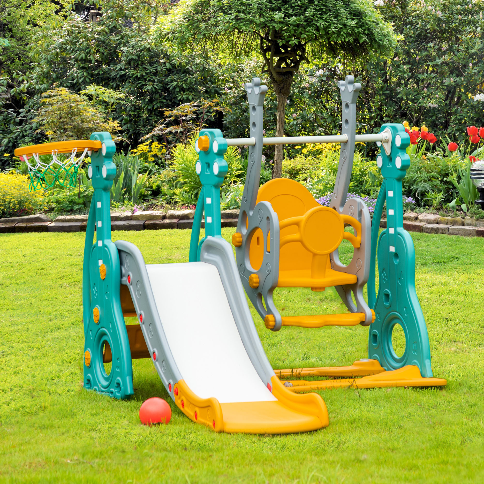 3-in-1 Kids Slide and Swing Set with Basketball Hoop